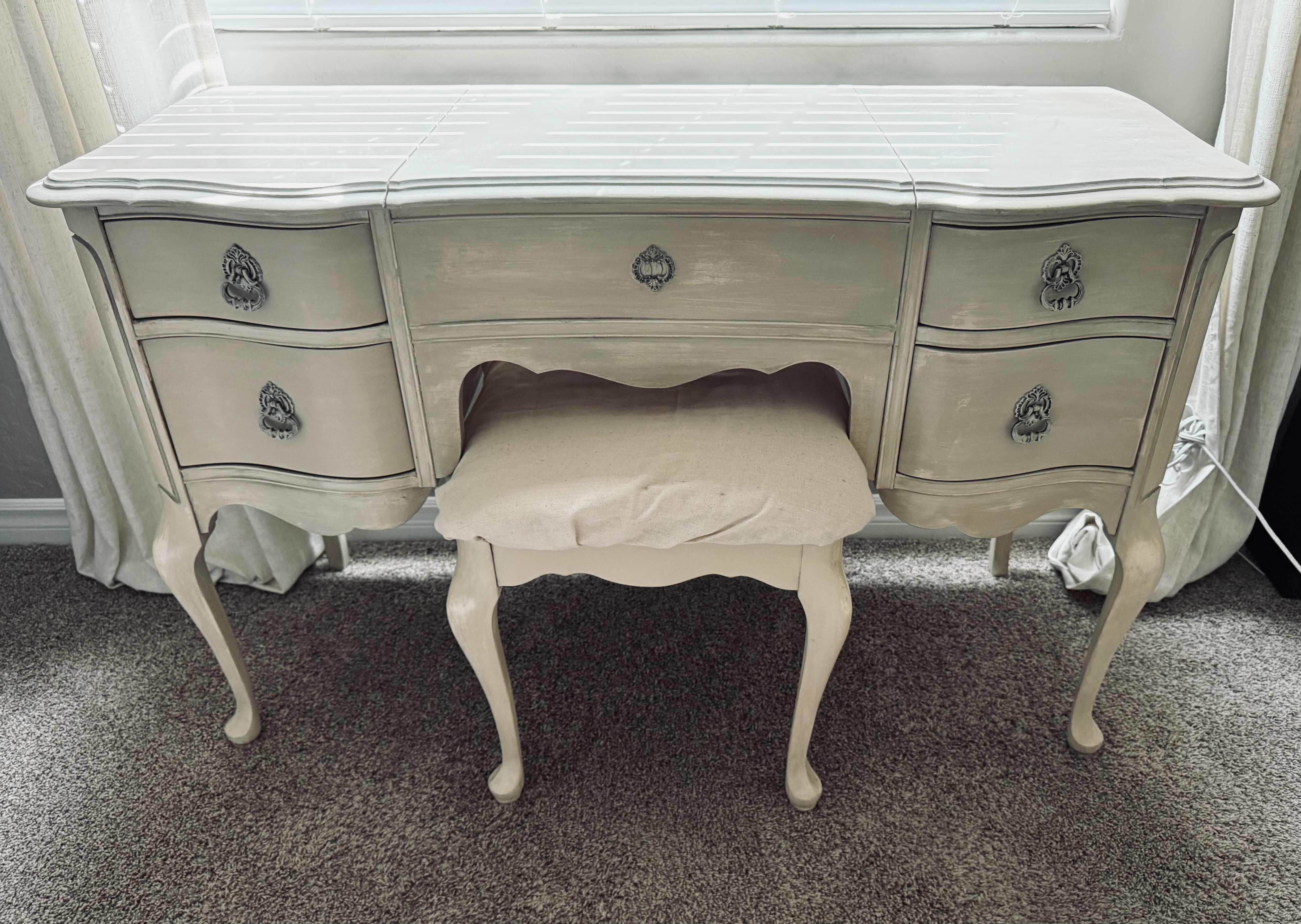 Photo 1 of ANTIQUED WHITE WOOD MAKEUP VANITY W STOOL 47”x19” H30”