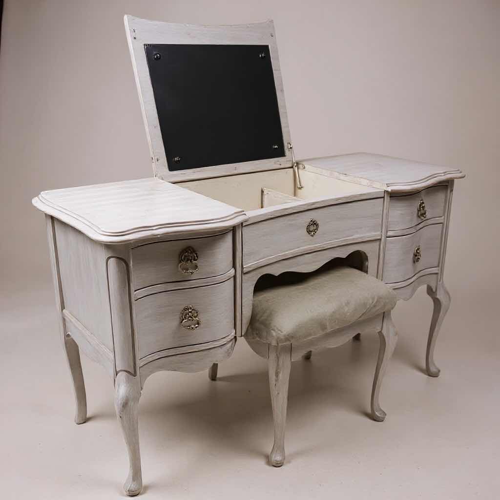 Photo 1 of ANTIQUED WHITE WOOD MAKEUP VANITY W STOOL 47”x19” H30”