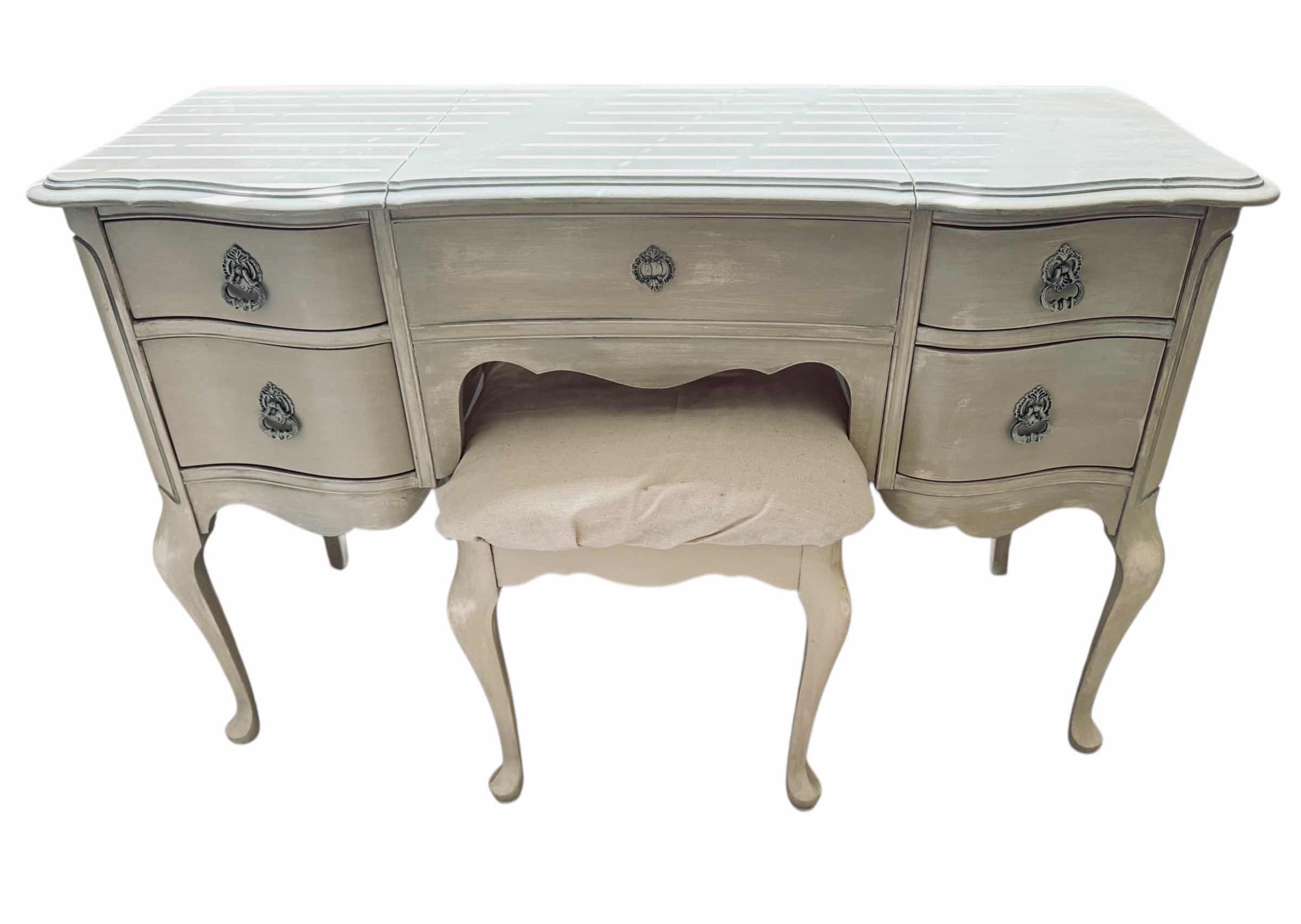 Photo 1 of ANTIQUED WHITE WOOD MAKEUP VANITY W STOOL 47”x19” H30”