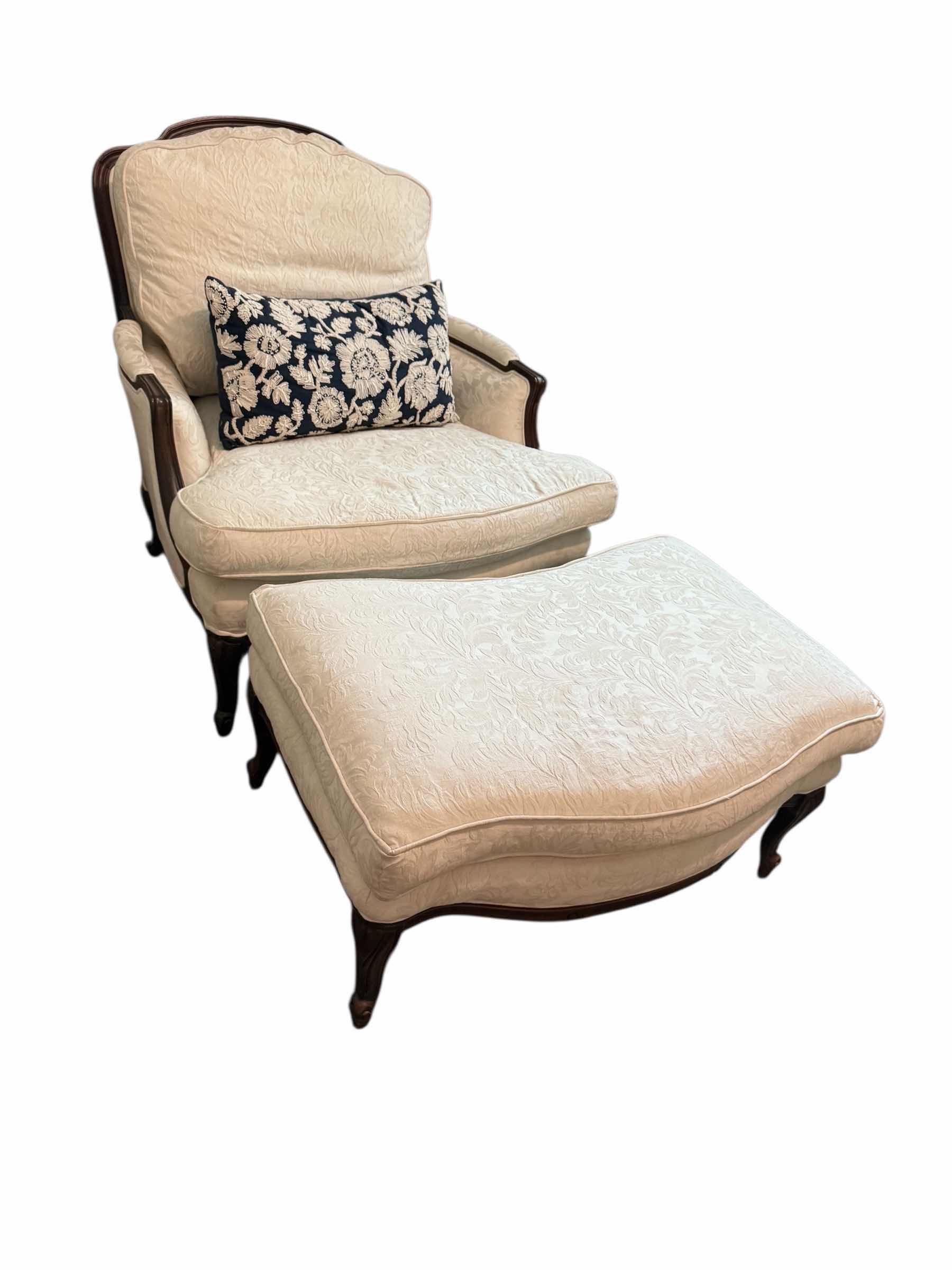 Photo 1 of ETHAN ALLEN VERSAILLES ARM CHAIR W OTTOMAN LIGHT DAMASK PATTERN UPHOLSTERY AND DARK WOOD TRIM W BLACK FLORAL ACCENT PILLOW