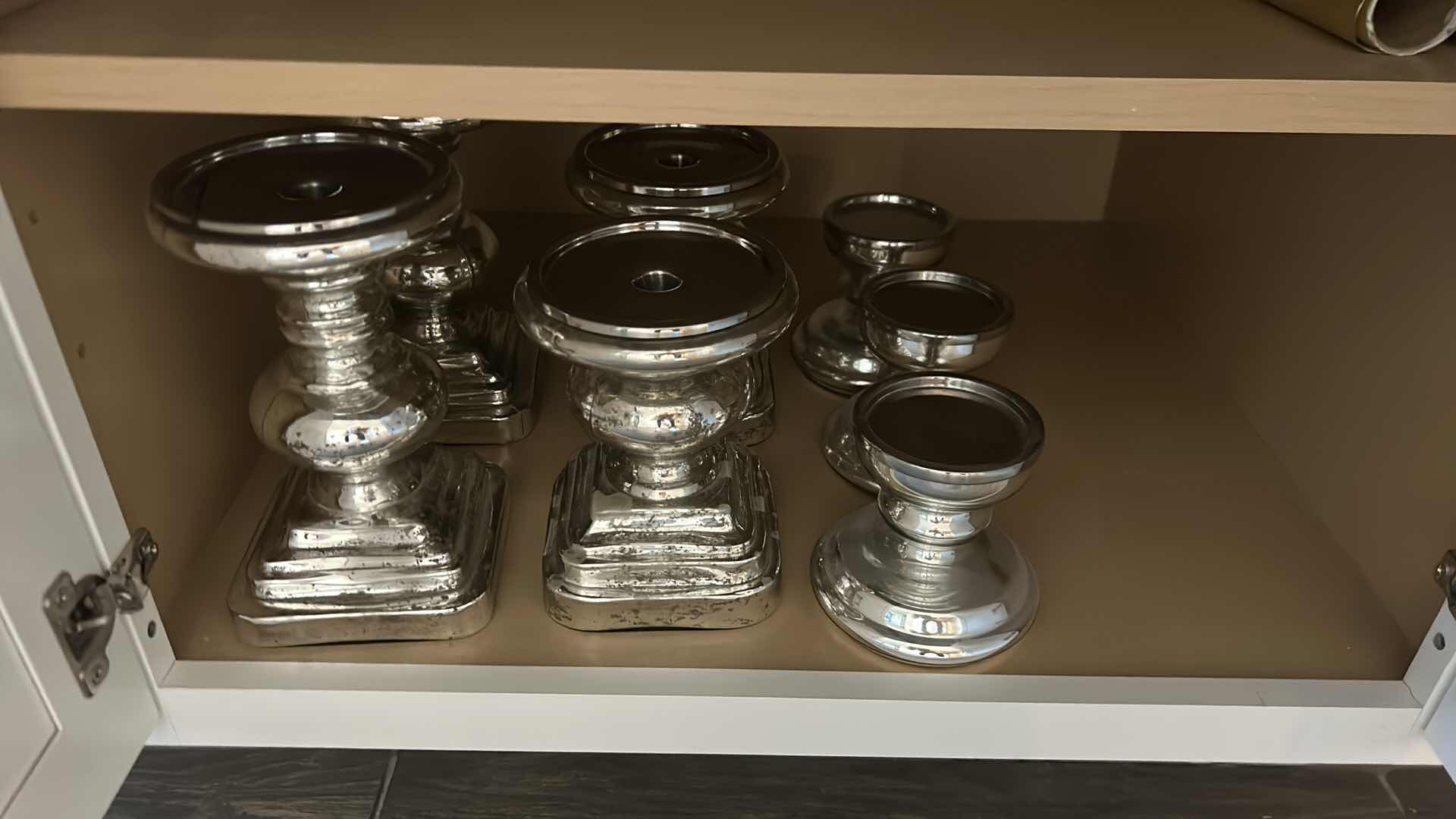 Photo 1 of CONTENTS OF SHELF 7 MERCURY GLASS CANDLE HOLDERS ASSORTED SIZES
