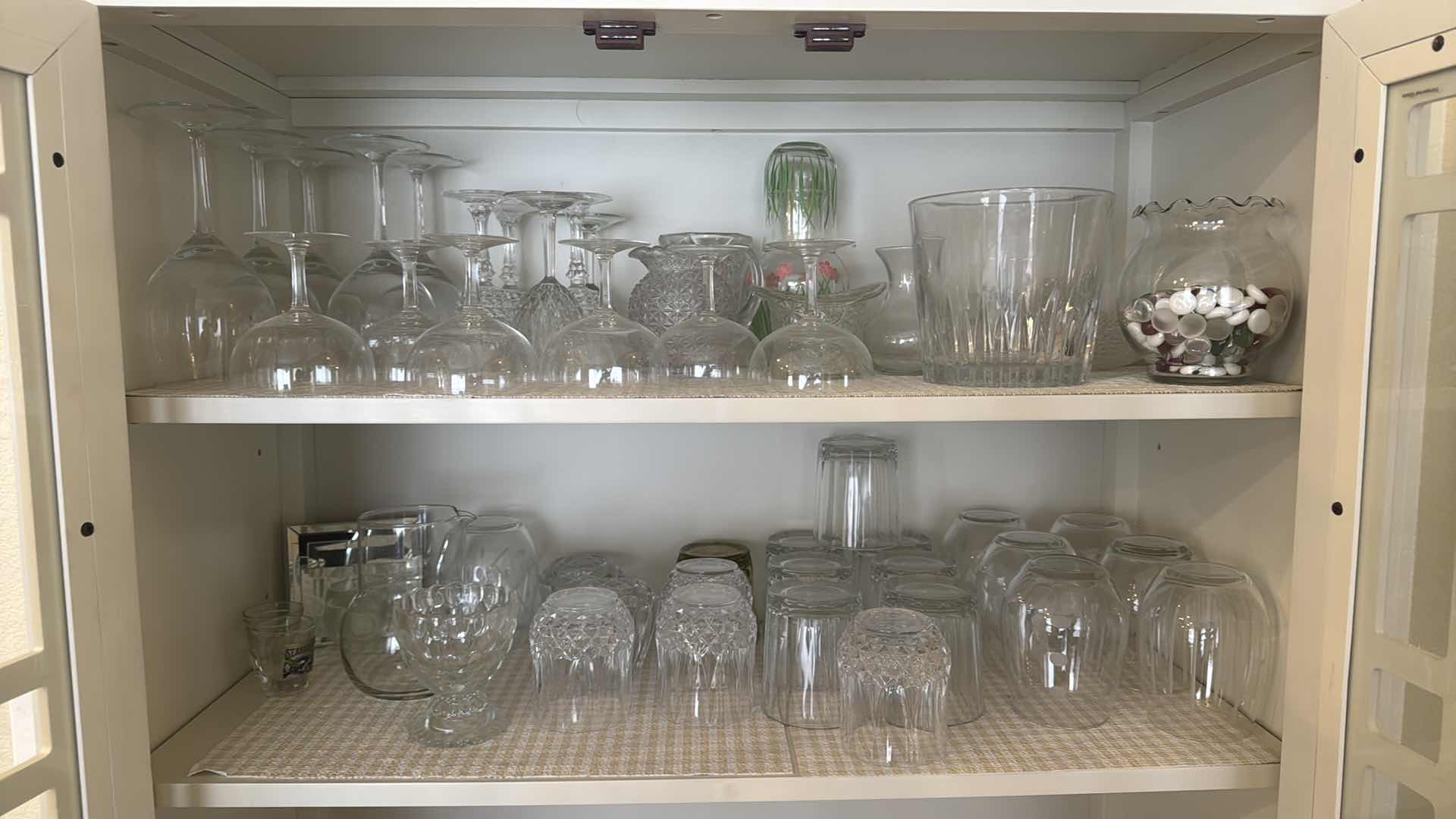 Photo 1 of WHITE WOODEN CURIO DISPLAY CABINET W. CONTENTS W GEOMETRIC OVERLAY 35” x 16” H68”