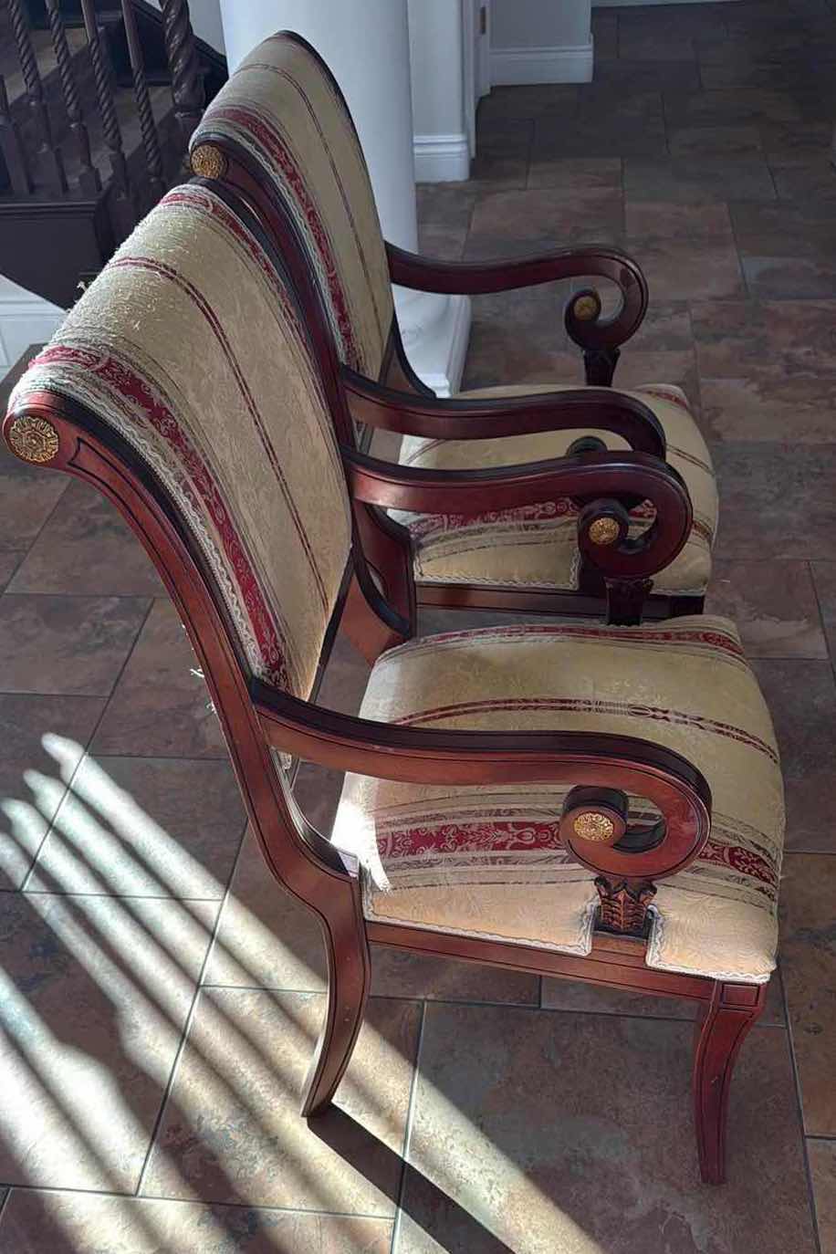 Photo 1 of 2-VERSACE-STYLE SOLID WOOD ARM CHAIRS W STRIPED UPHOLSTERED SEATS & BACKS