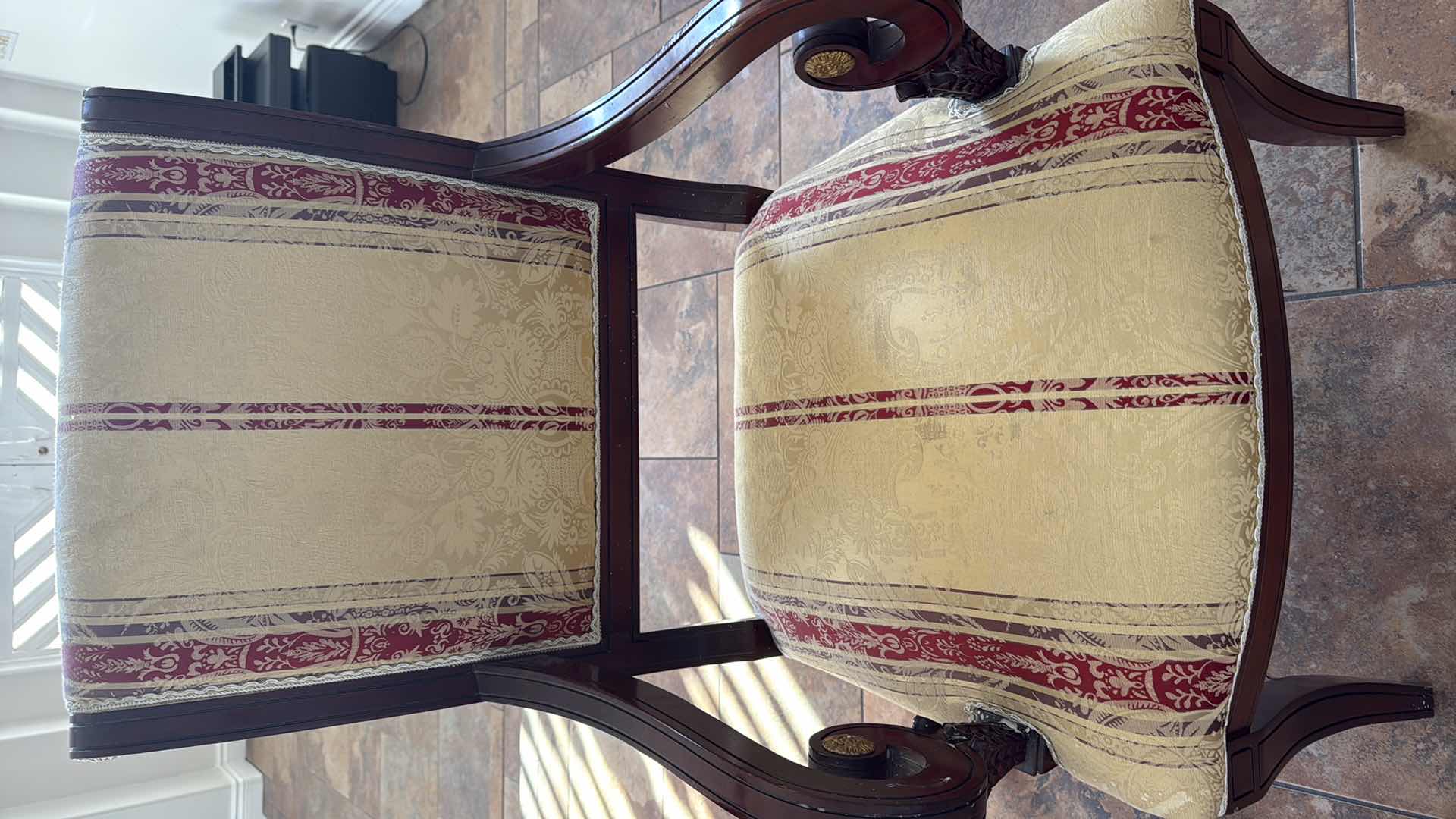 Photo 1 of 2-VERSACE-STYLE SOLID WOOD ARM CHAIRS W STRIPED UPHOLSTERED SEATS & BACKS