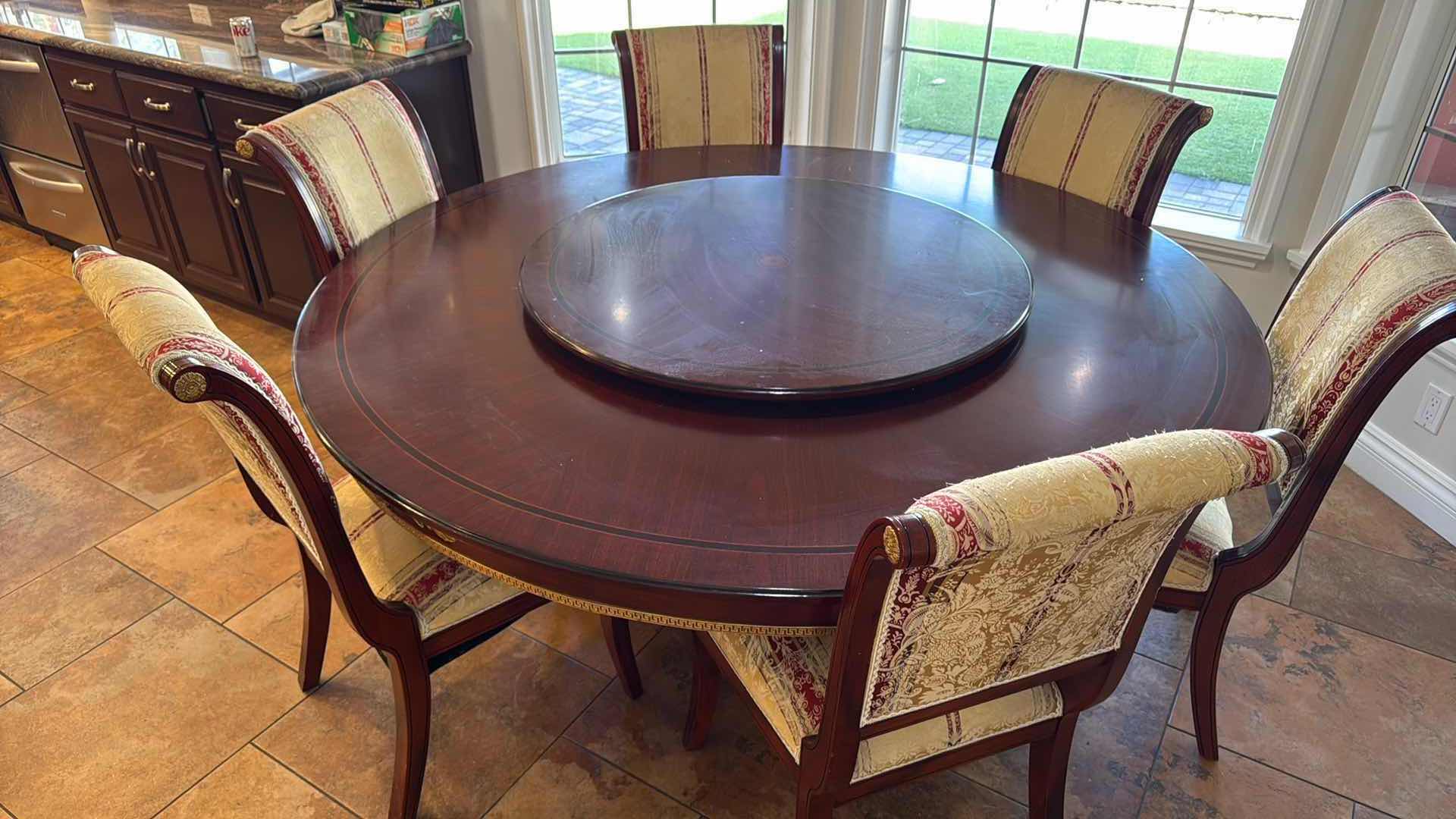 Photo 1 of 70” ROUND VERSACE-STYLE SOLID WOOD TABLE W GOLD TRIMMINGS & LAZY SUSAN CENTER H30” (CHAIRS SOLD SEPARATELY)