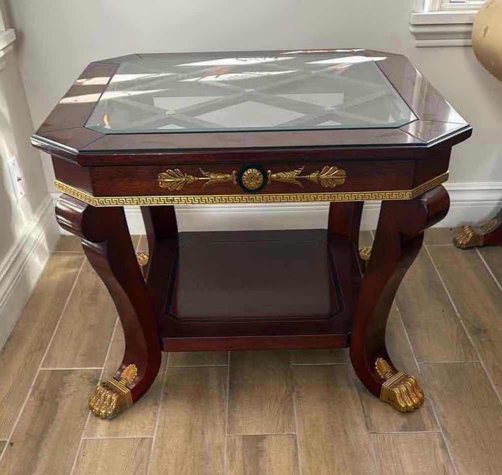 Photo 1 of VERSACE-STYLE SOLID WOOD SIDE TABLE W GOLD TRIMMING 31”x30” H23