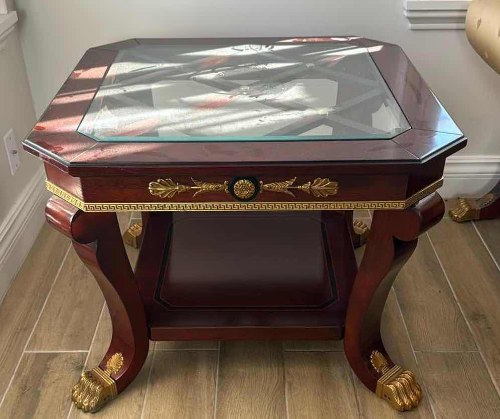 Photo 1 of VERSACE-STYLE SOLID WOOD SIDE TABLE W GOLD TRIMMING 31”x30” H23