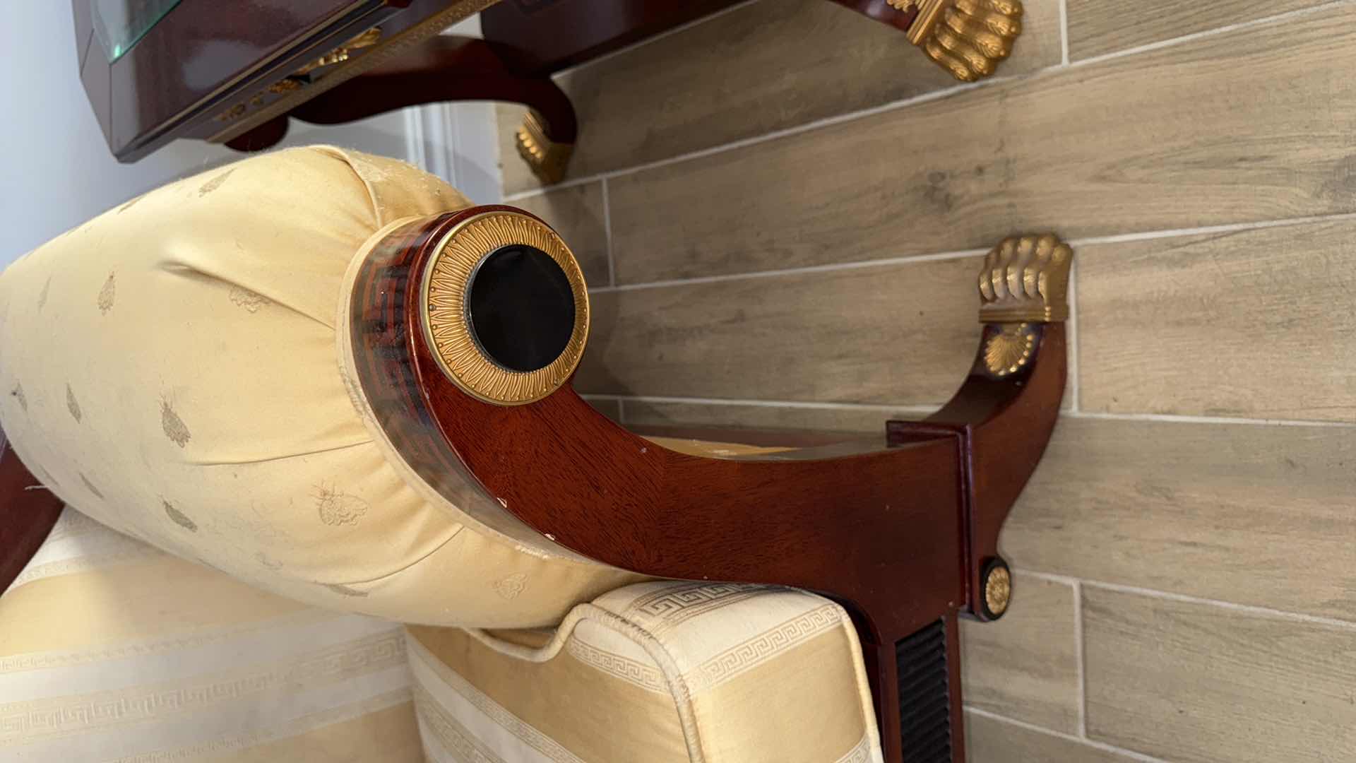 Photo 1 of VERSACE-STYLE SOLID WOOD W GOLD & BLACK TRIMMING LOVESEAT 68” x 33” (NEEDS REUPHOLSTERED, CUSHIONS TORN)-FRAME IN GOOD CONDITION