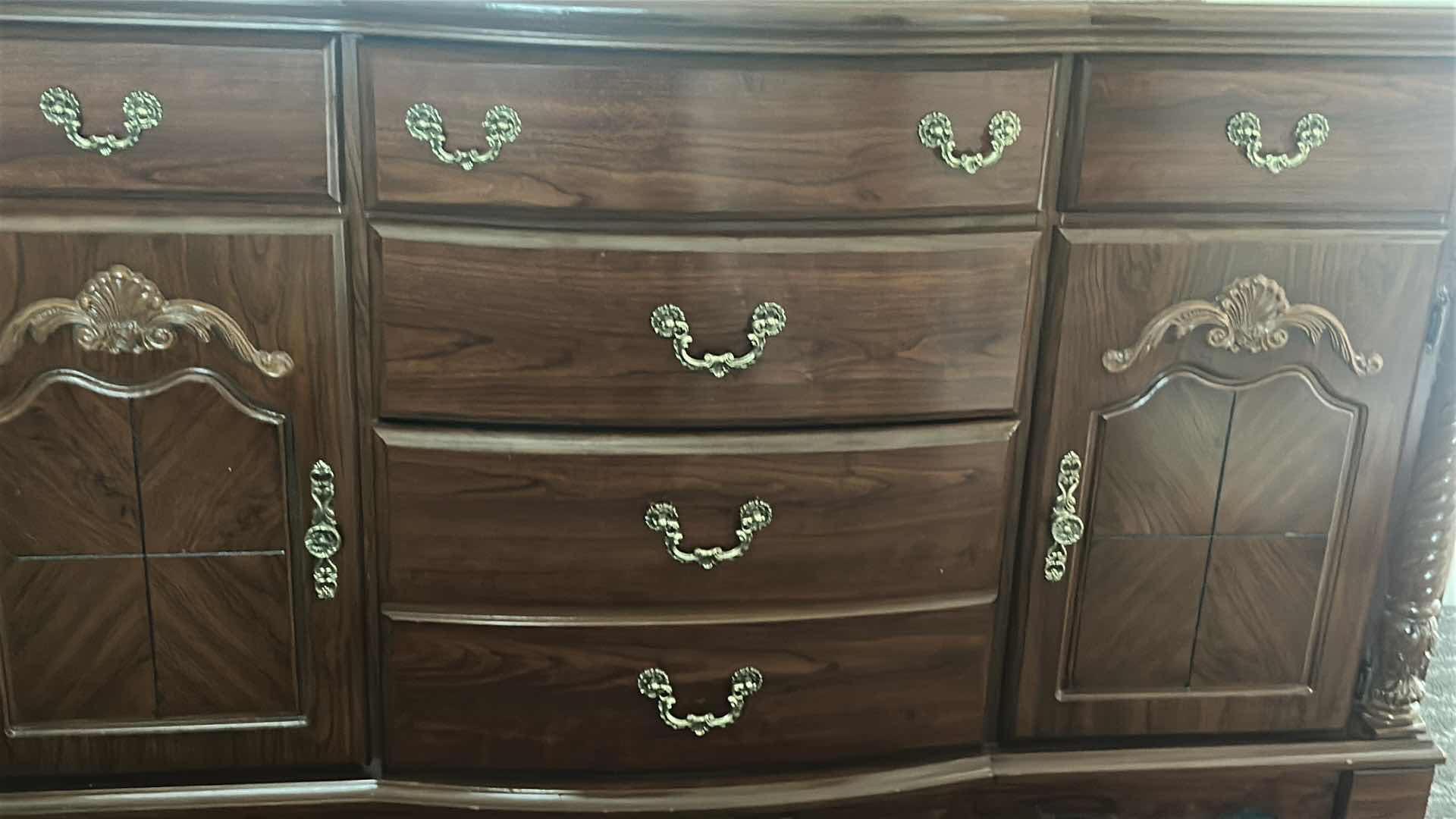 Photo 1 of DARK CHERRYWOOD TRADITIONAL STYLE 5 DRAWER DRESSER MIRROR W ORNATE DRAWER PULLS 64" X 18" H 72"