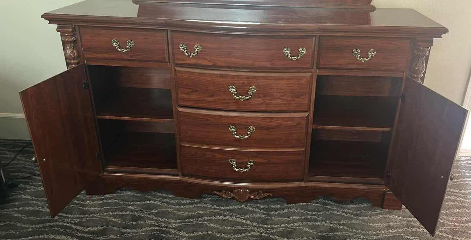 Photo 1 of DARK CHERRYWOOD TRADITIONAL STYLE 5 DRAWER DRESSER MIRROR W ORNATE DRAWER PULLS 64" X 18" H 72"