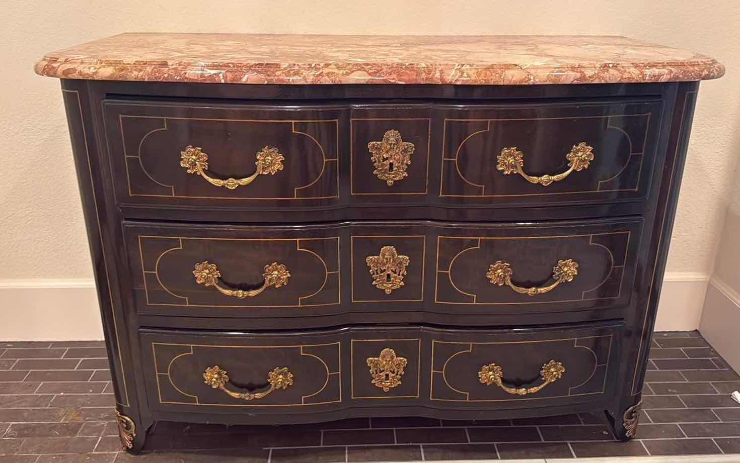 Photo 1 of VINTAGE DARK WOOD W MARBLE TOP & ORNATE GOLD HARDWARE DRESSER 49” x 23” H 33”