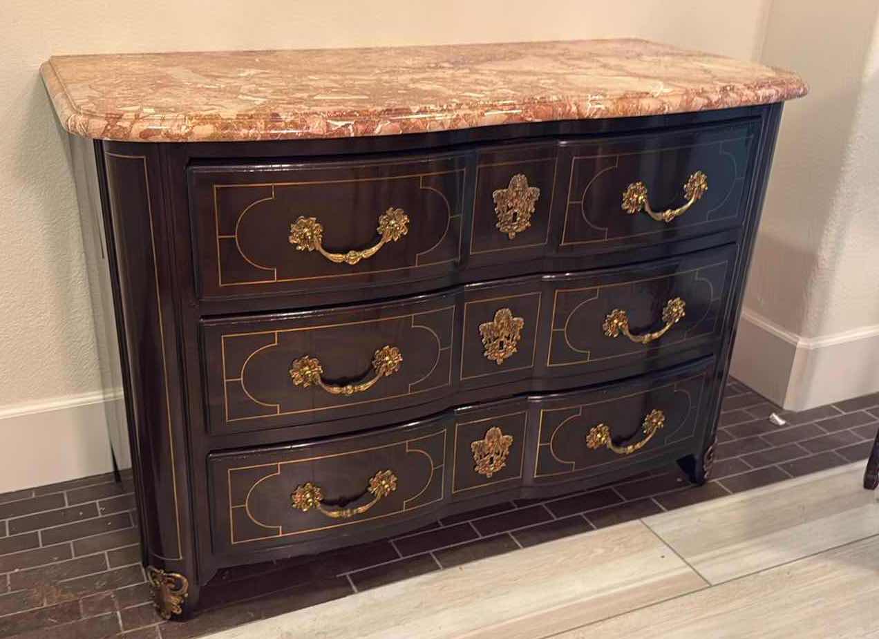Photo 1 of VINTAGE DARK WOOD W MARBLE TOP & ORNATE GOLD HARDWARE DRESSER 49” x 23” H 33”