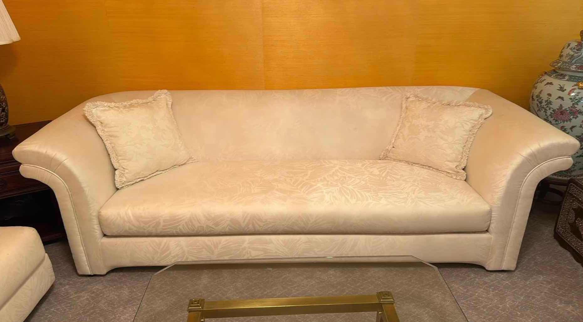 Photo 1 of VINTAGE CAIATI VETRO SOFA WHITE W MUTED LEAVES UPHOLSTERY & 2 ACCENT PILLOWS P95” x 36” H28”