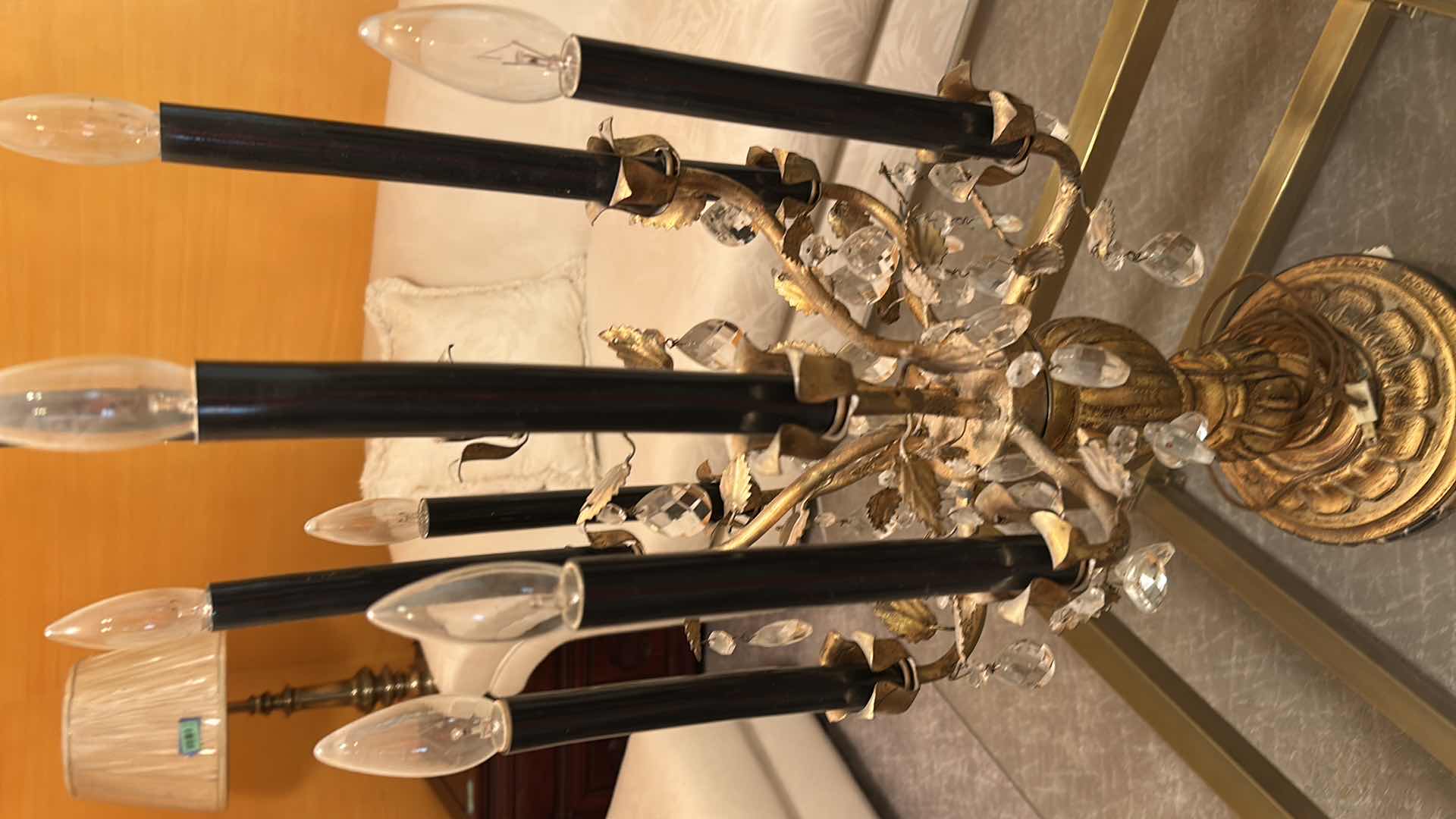 Photo 1 of VINTAGE ITALIAN FLORENTINE GILT TOLE AND CRYSTAL TABLE LAMP H 27"