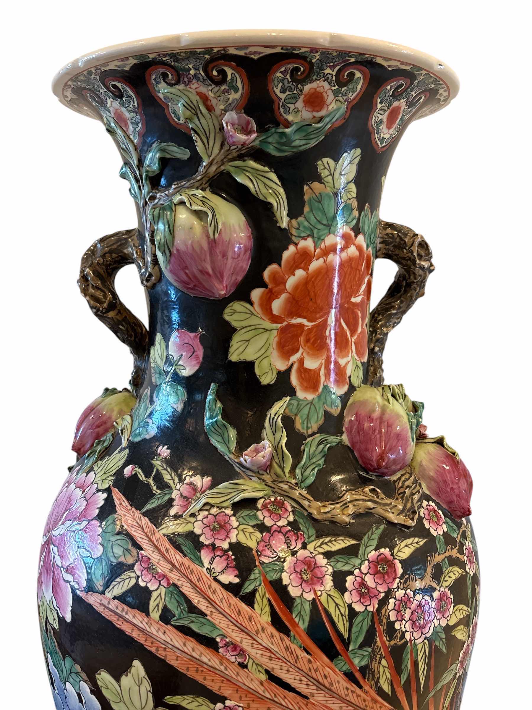 Photo 1 of CHINESE FAMILLE NOIRE PORCELAIN FLOOR VASE WITH SOLID WOOD STAND H55”