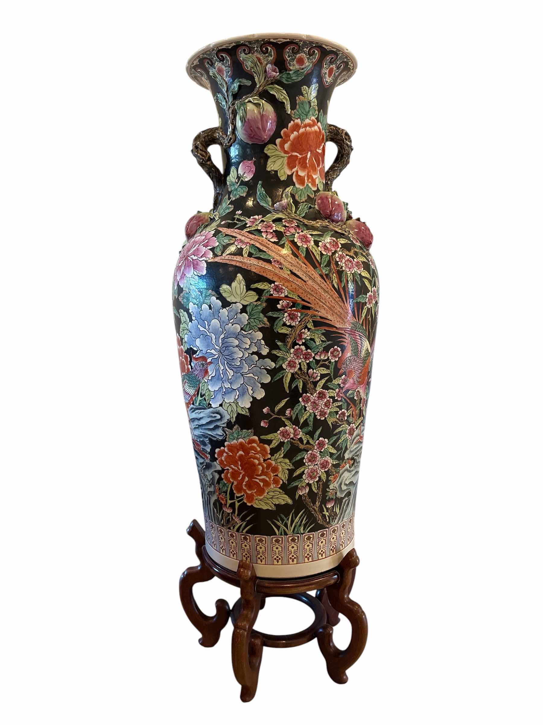 Photo 1 of CHINESE FAMILLE NOIRE PORCELAIN FLOOR VASE WITH SOLID WOOD STAND H55”
