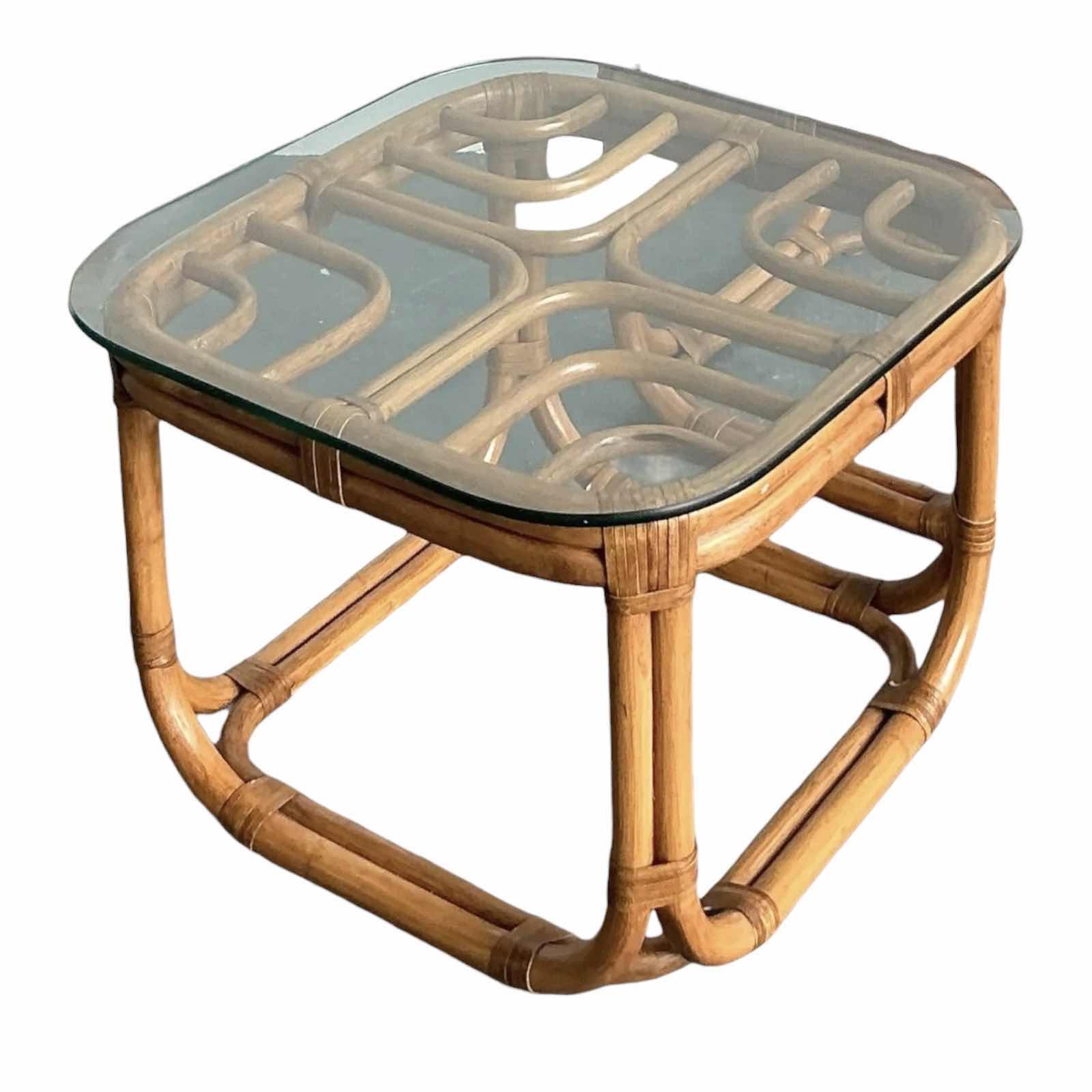 Photo 1 of VINTAGE BOHO BROWN JORDAN BENT RATTAN SIDE TABLE 23.25”X23.25”H16.5”