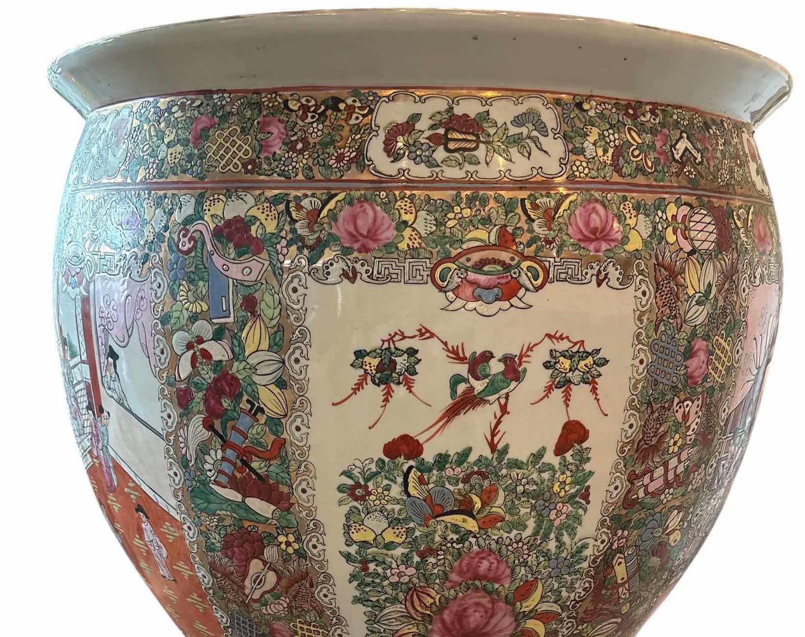Photo 1 of HEAVY CHINESE PORCELAIN FAMILLE ROSE FISH MEDALLION PLANTER WITH FICUS LIVE PLANT H28”