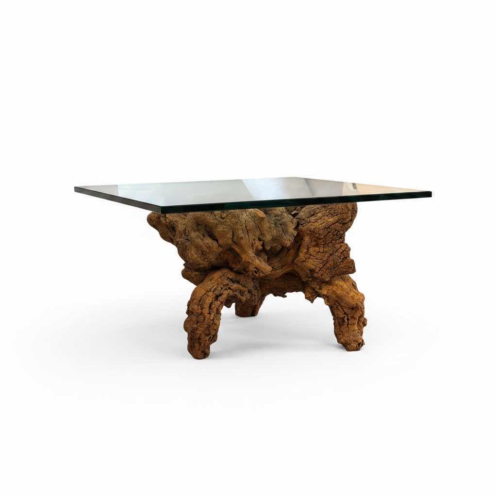Photo 1 of VINTAGE BURL-WOOD SIDE TABLE WITH REMOVABLE GLASS TOP 30”X30”H16”