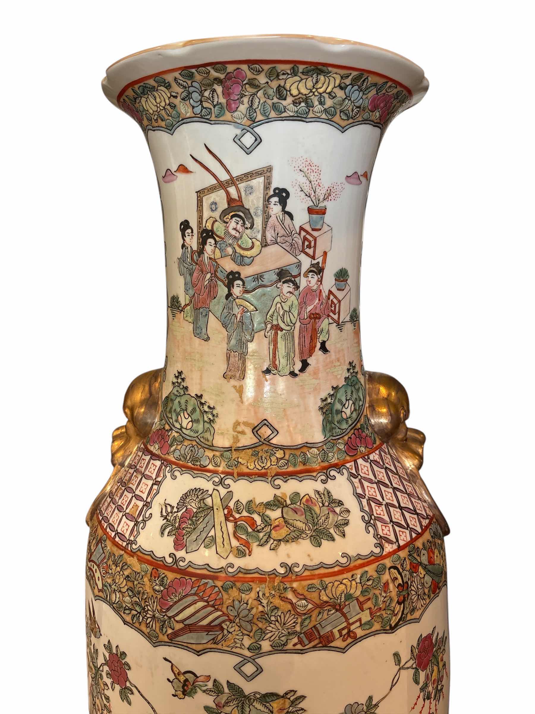 Photo 1 of CHINESE HAND PAINTED ROSE MEDALLION TEMPLE PORCELAIN FLOOR VASE H38”