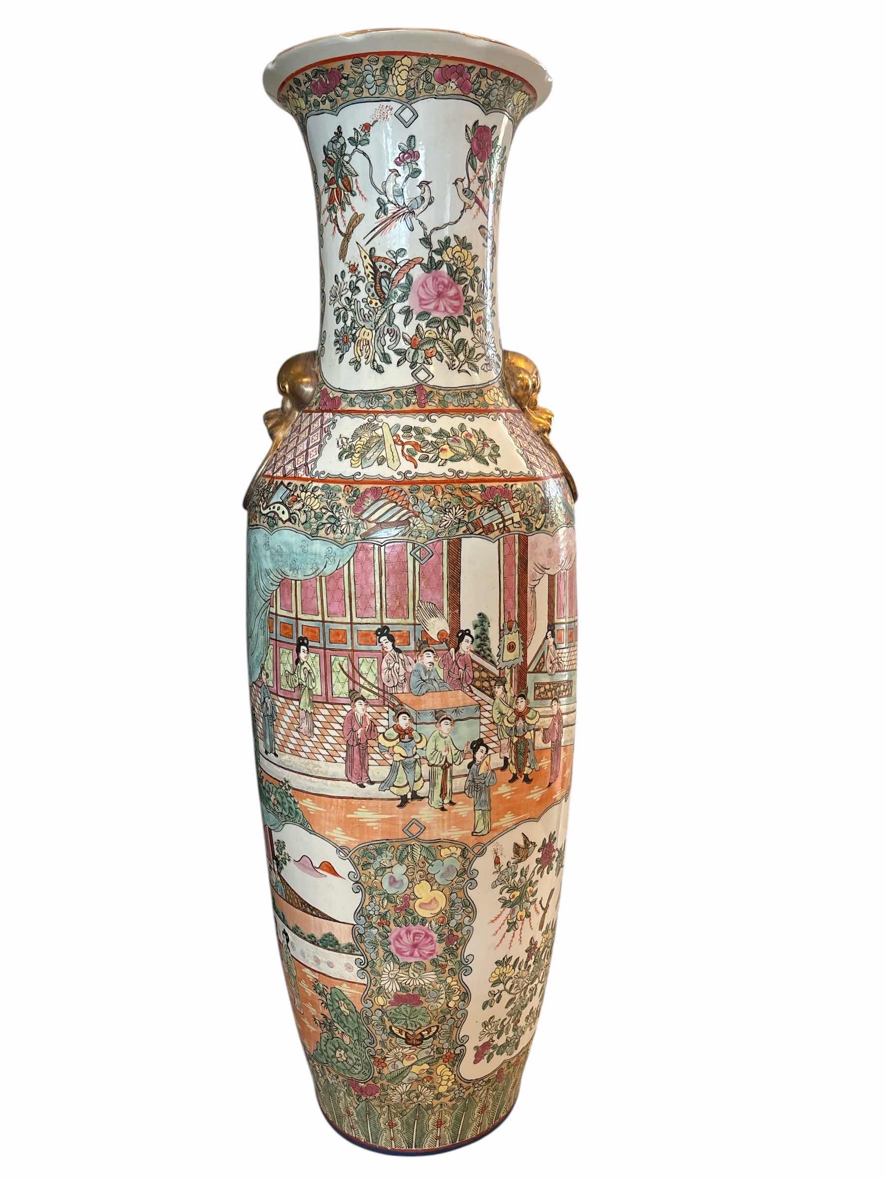Photo 1 of CHINESE HAND PAINTED ROSE MEDALLION TEMPLE PORCELAIN FLOOR VASE H38”
