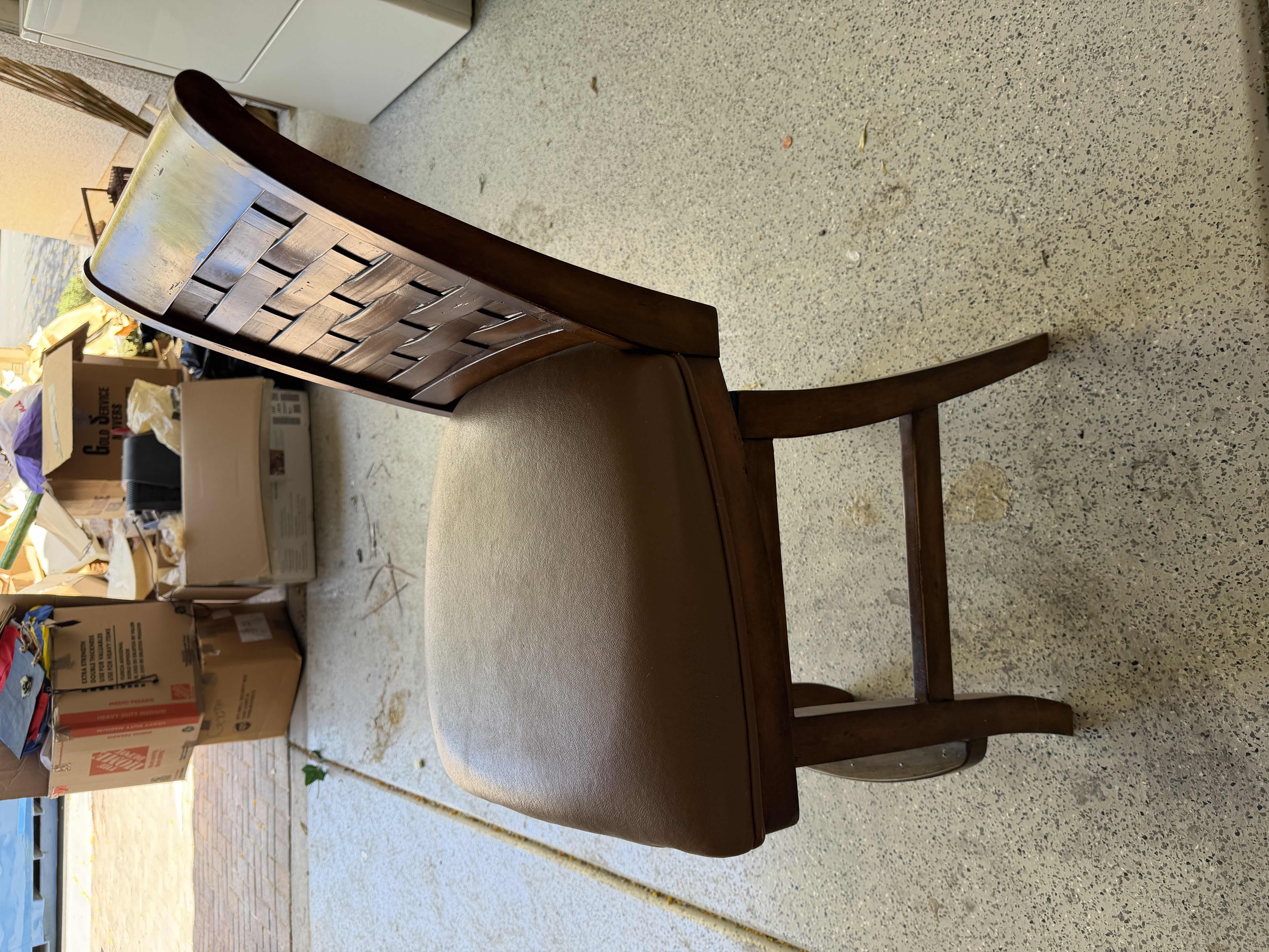 Photo 1 of 2-MAHOGANY WOVEN BACK SWIVEL BAR STOOLS W BROWN VINYL PADDED SEAT