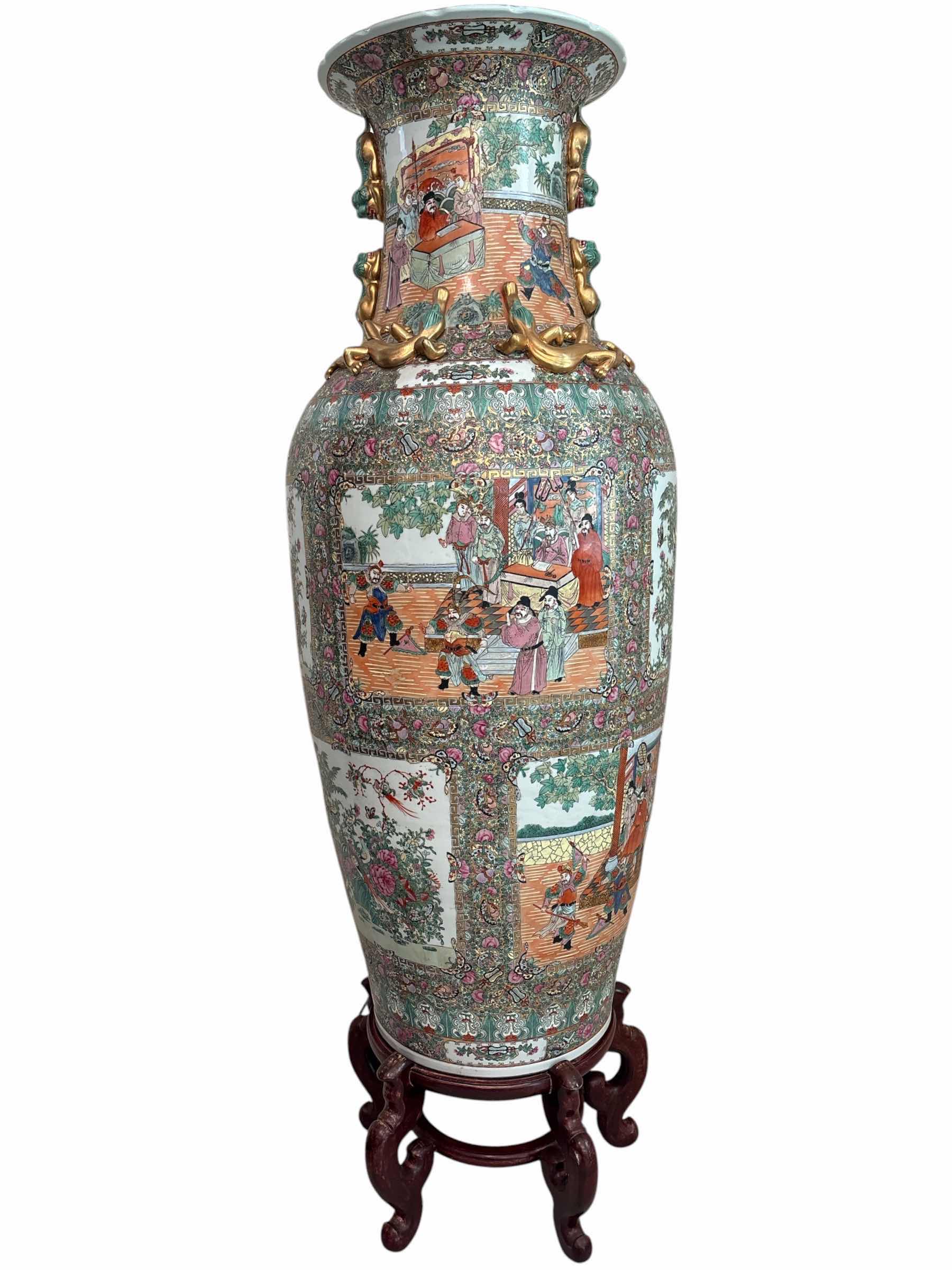 Photo 1 of MONUMENTAL CHINESE FAMILLE ROSE MEDALLION FLOOR VASE WOTH WOOD STAND H64”
