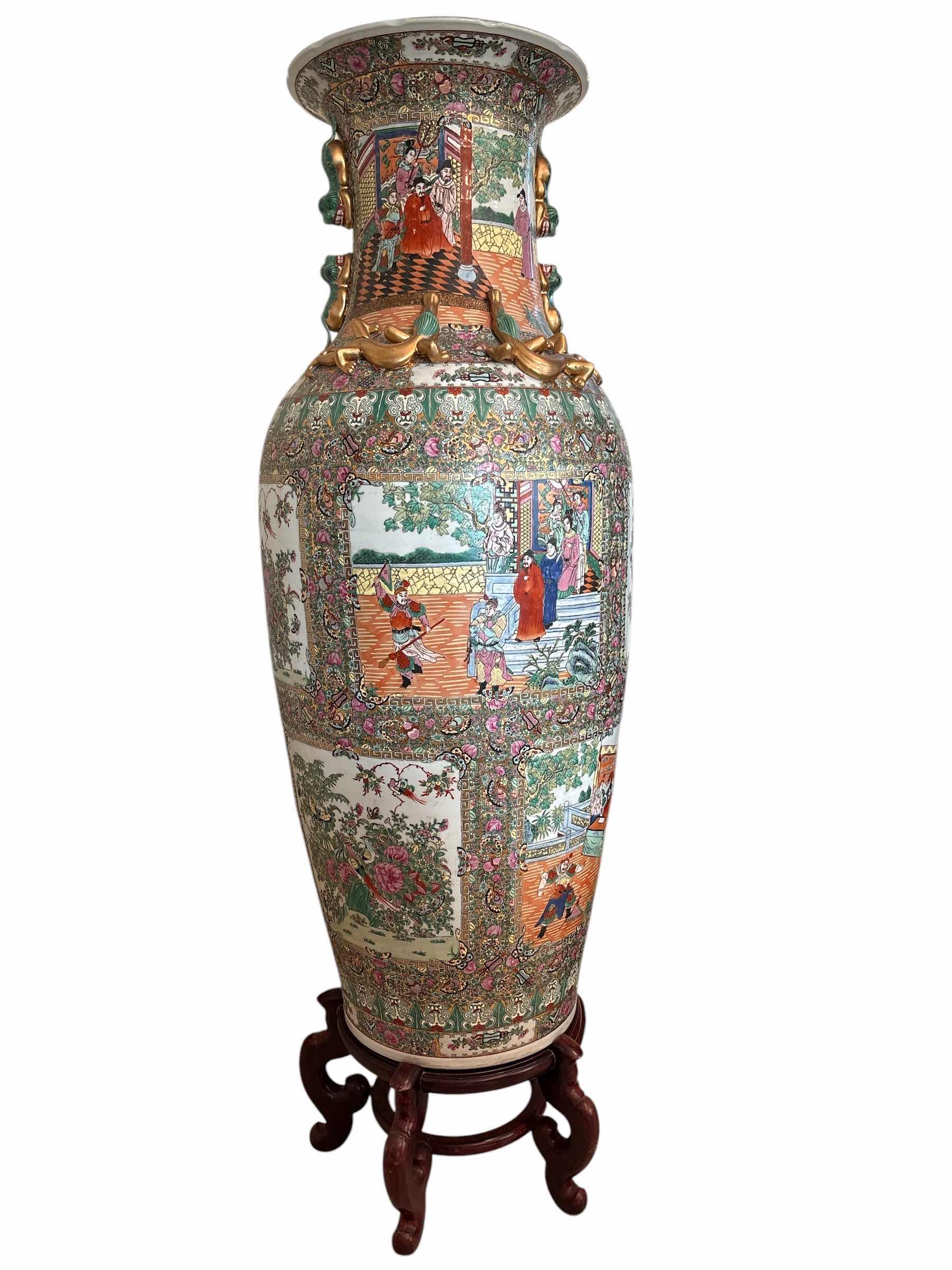 Photo 1 of MONUMENTAL CHINESE FAMILLE ROSE MEDALLION FLOOR VASE WOTH WOOD STAND H64”