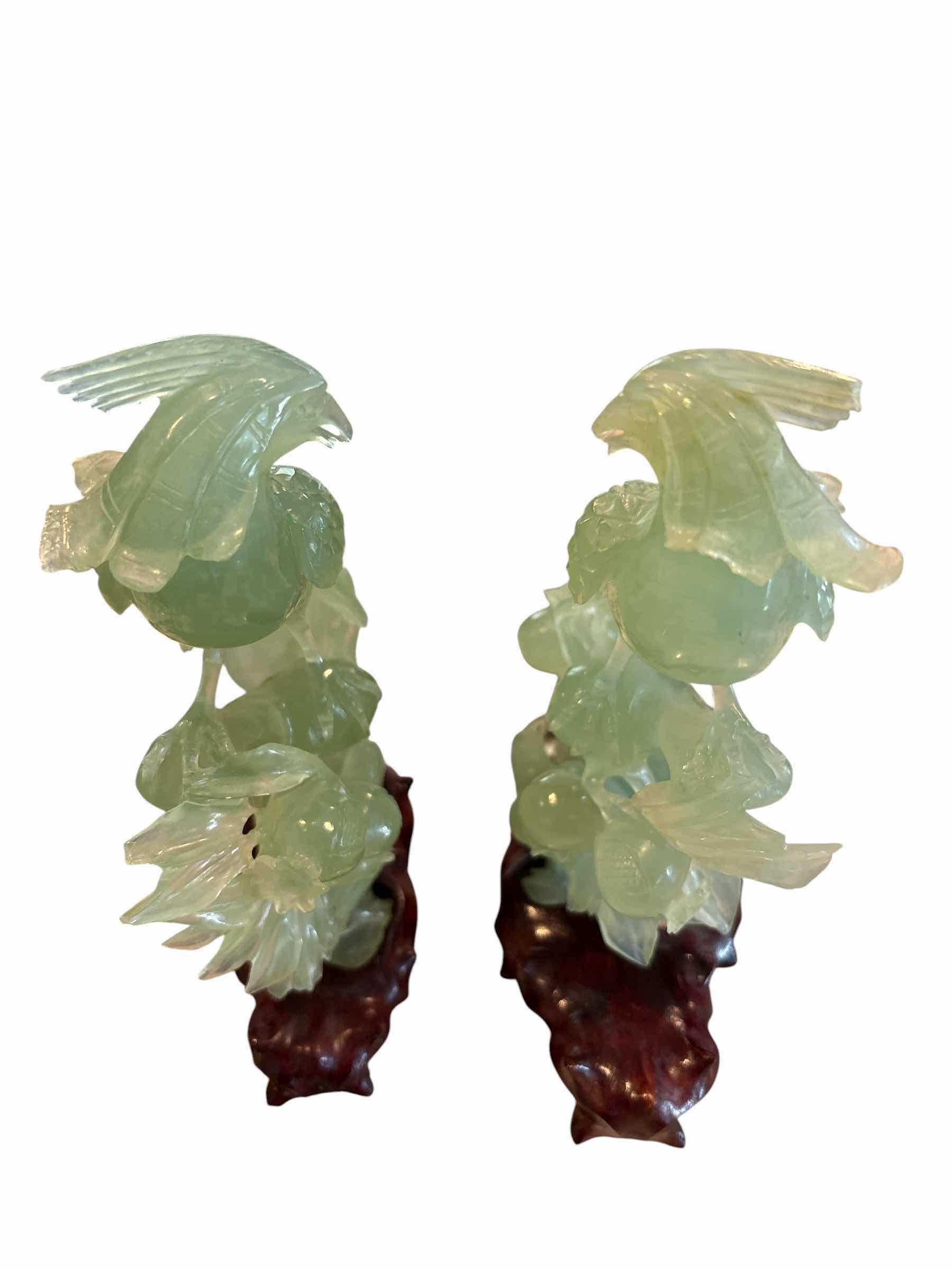 Photo 1 of (2)PCS JADEITE BIRD FIGURINES ON HAND CARVED TRUNK AND WOODEN BASE IN PROTECTIVE BOX H7.02”