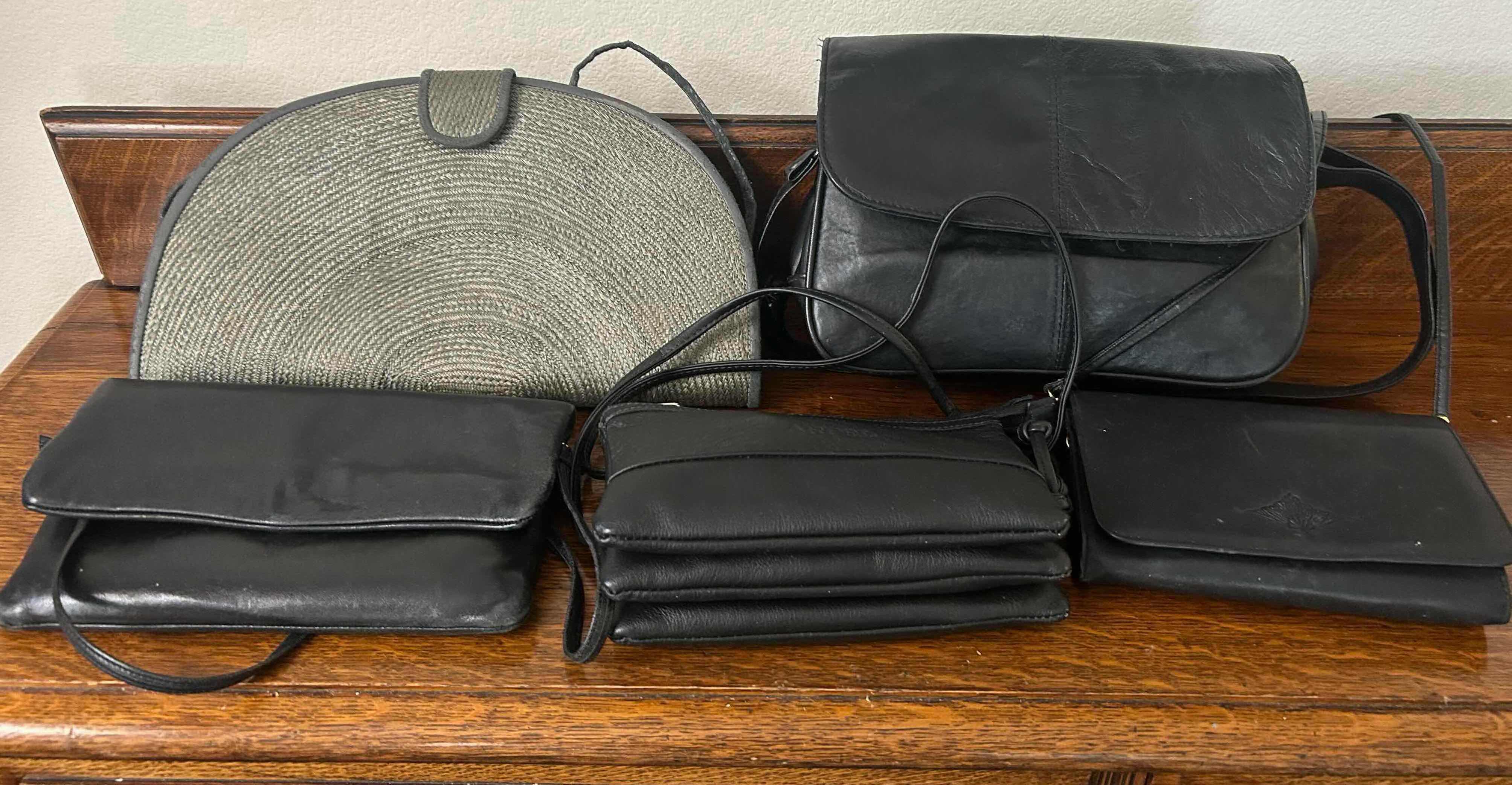 View 1 of 5- COLLECTION OF VINTAGE STYLE BLACK LEATHER & TEXTURED SHOULDER BAGS