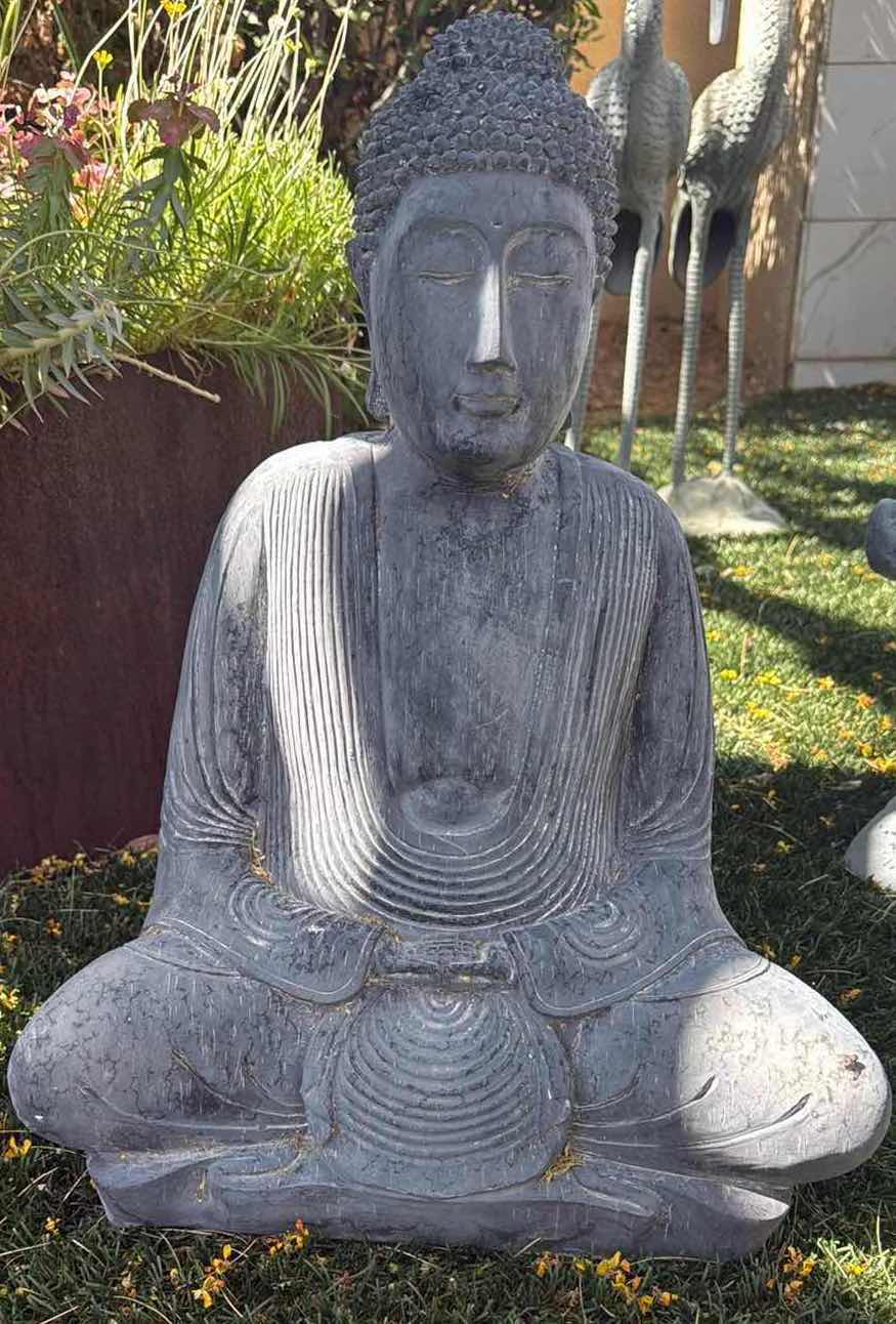 View 1 of BUDDHA GREY BLUE PLASTERED GARDEN SCULPTURE H22” W16”