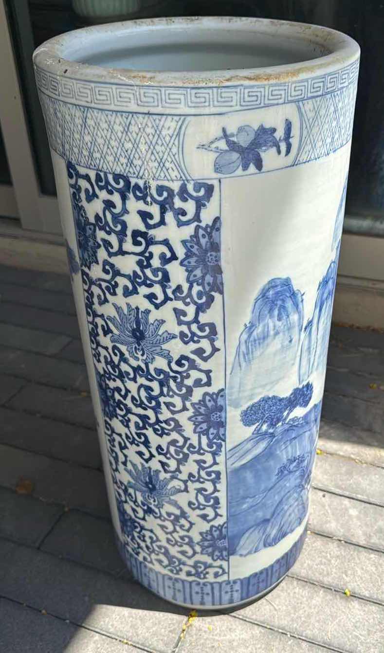 Photo 1 of BLUE & WHITE CERAMIC TALL VASE D11” H24”