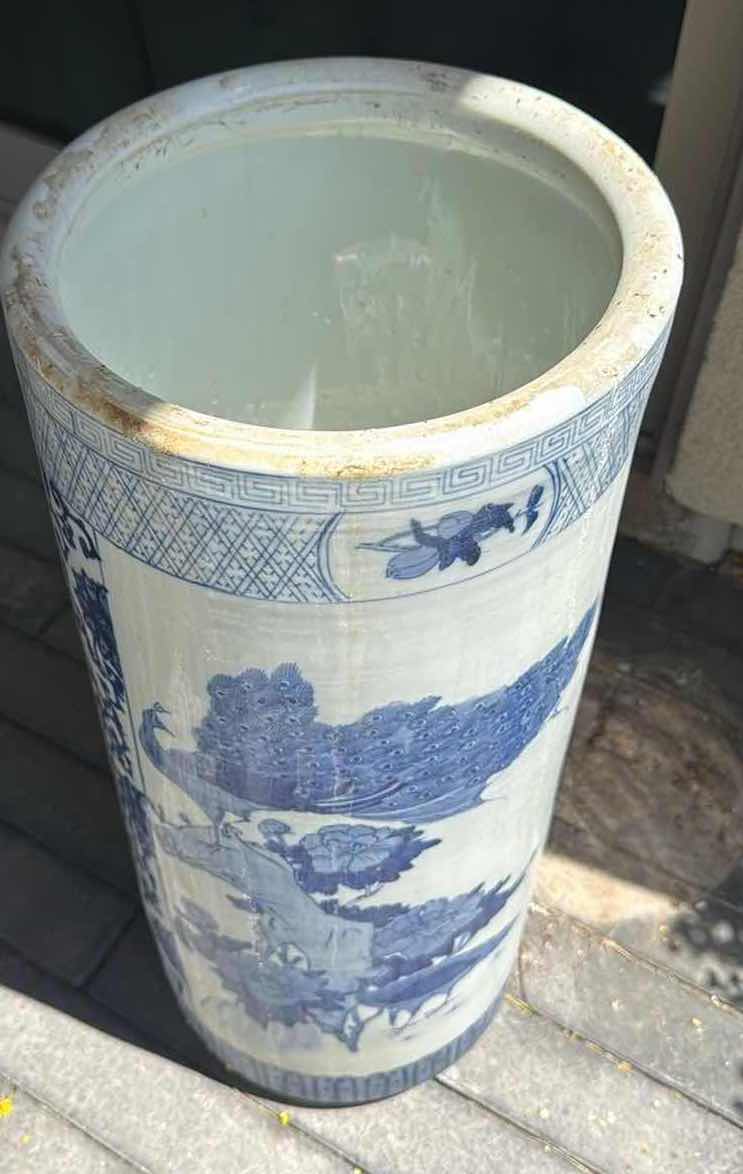 Photo 1 of BLUE & WHITE CERAMIC TALL VASE D11” H24”