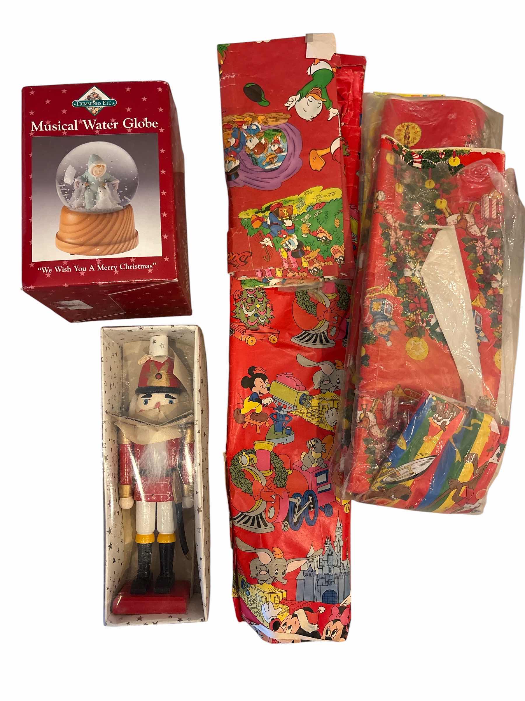 Photo 1 of (3)PCS CHRISTMAS MUSICAL WATER GLOBE ,NUTCRACKER, & VINTAGE WRAPPING PAPER H9”