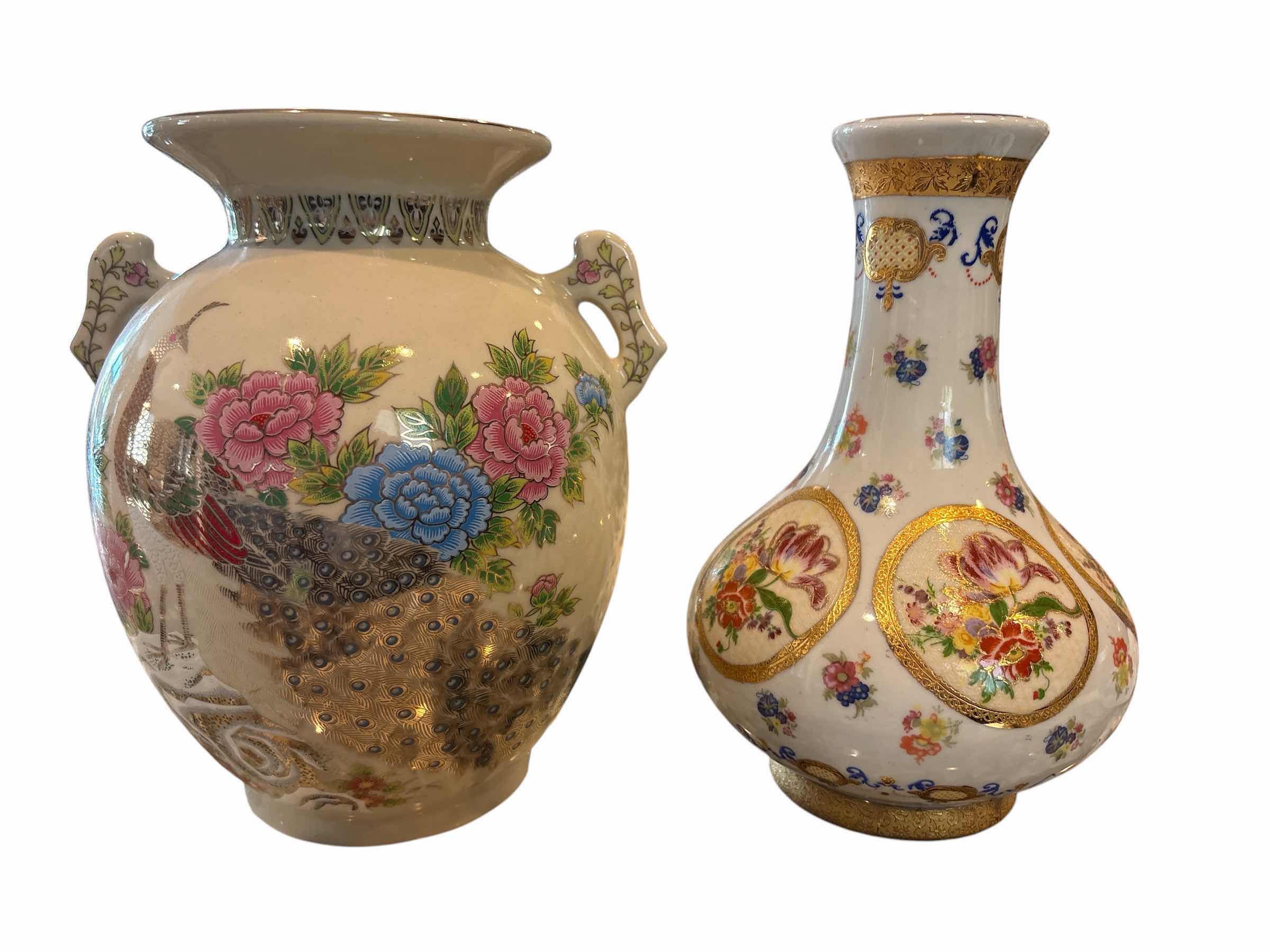 Photo 1 of (2)PCS ASIAN INSPIRED FLORAL & PEACOCK SATSUMA VASES H7”