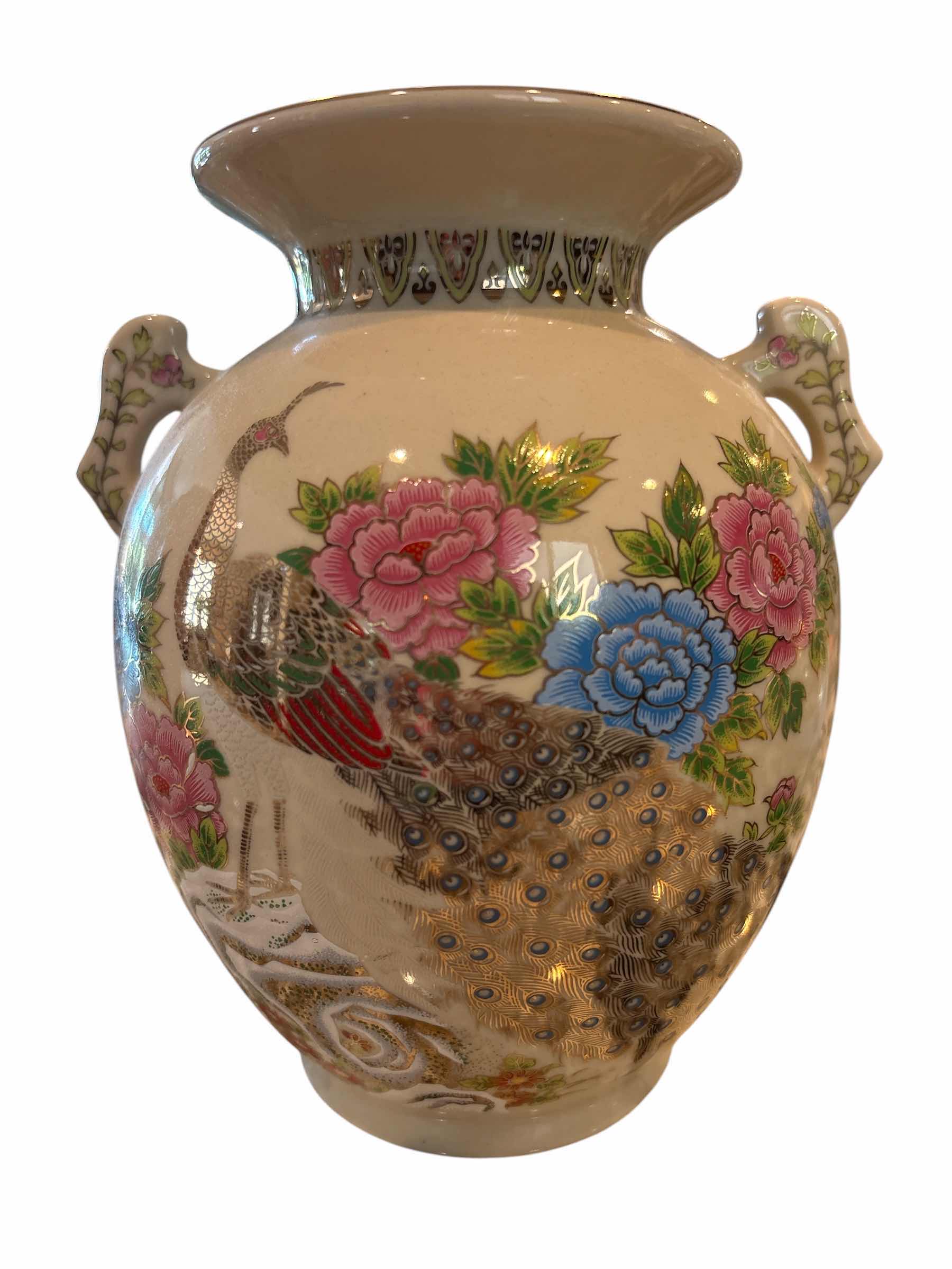 Photo 1 of (2)PCS ASIAN INSPIRED FLORAL & PEACOCK SATSUMA VASES H7”