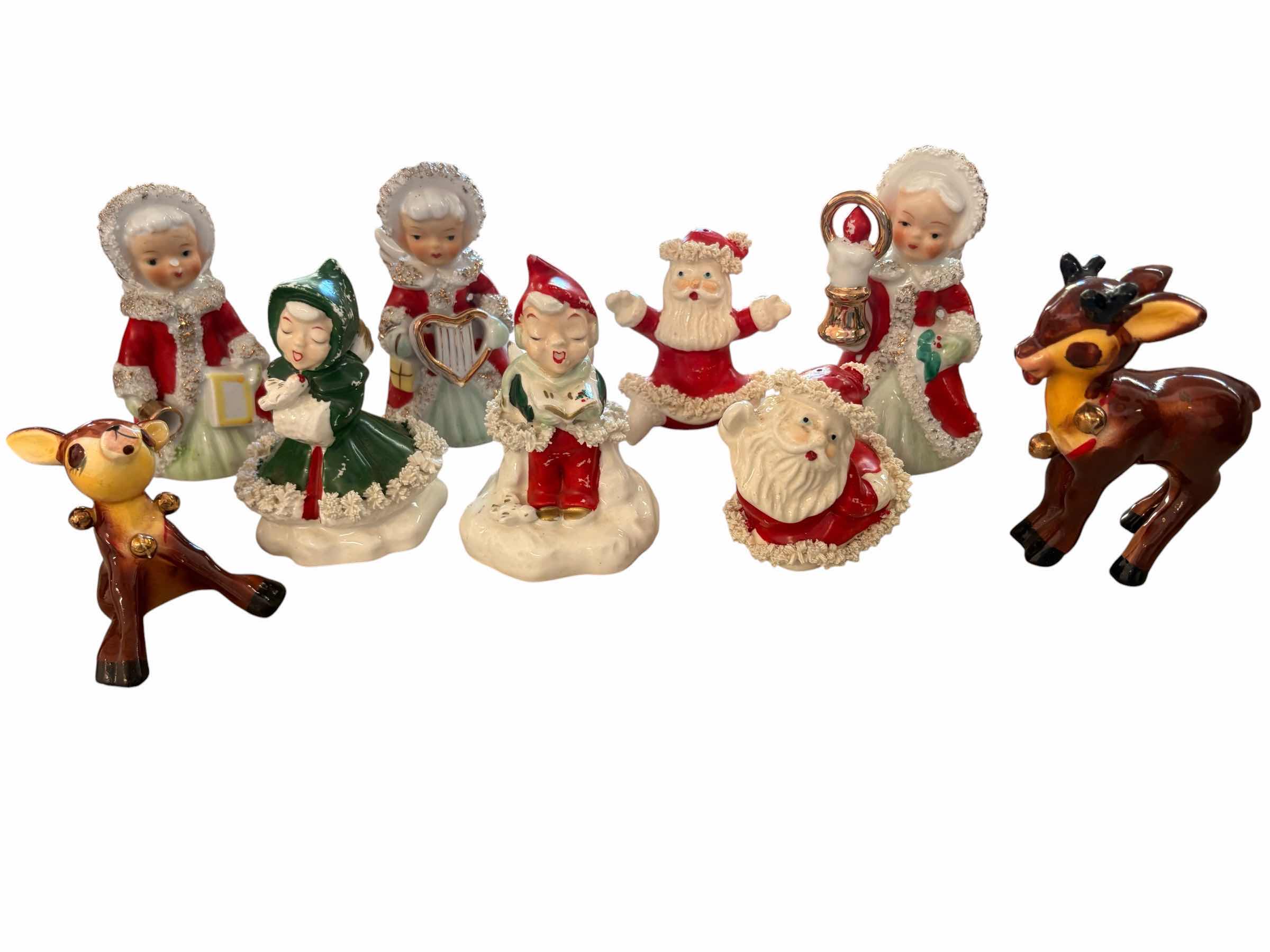 Photo 1 of (9)PCS PORCELAIN CHRISTMAS CAROLERS & REINDEER FIGURINES H4.5”