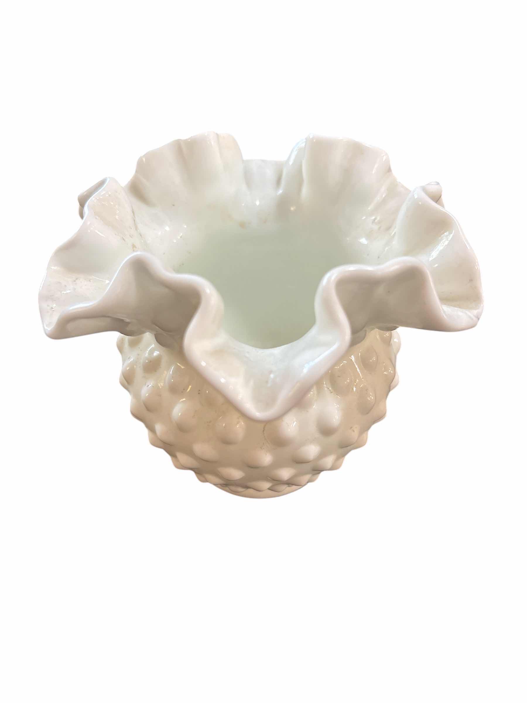 Photo 1 of VINTAGE FENTON STYLE ART GLASS WHITE RUFFLED HOBNAIL MILK GLASS VASE 4”H