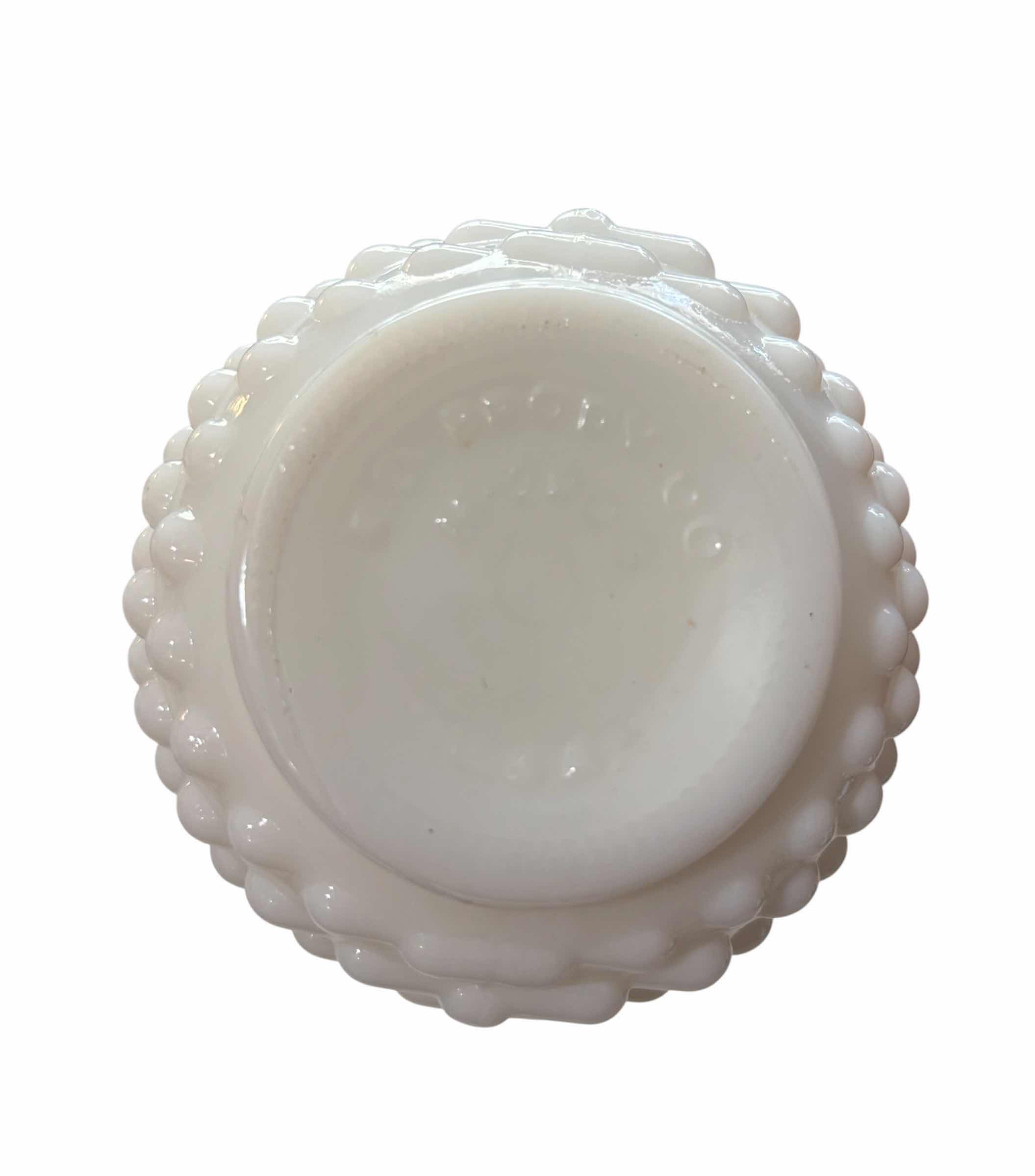 Photo 1 of VINTAGE WHITE OPALESCENT MILK GLASS HOBNAIL BUD VASES (2) & PERFUME BOTTLE $60