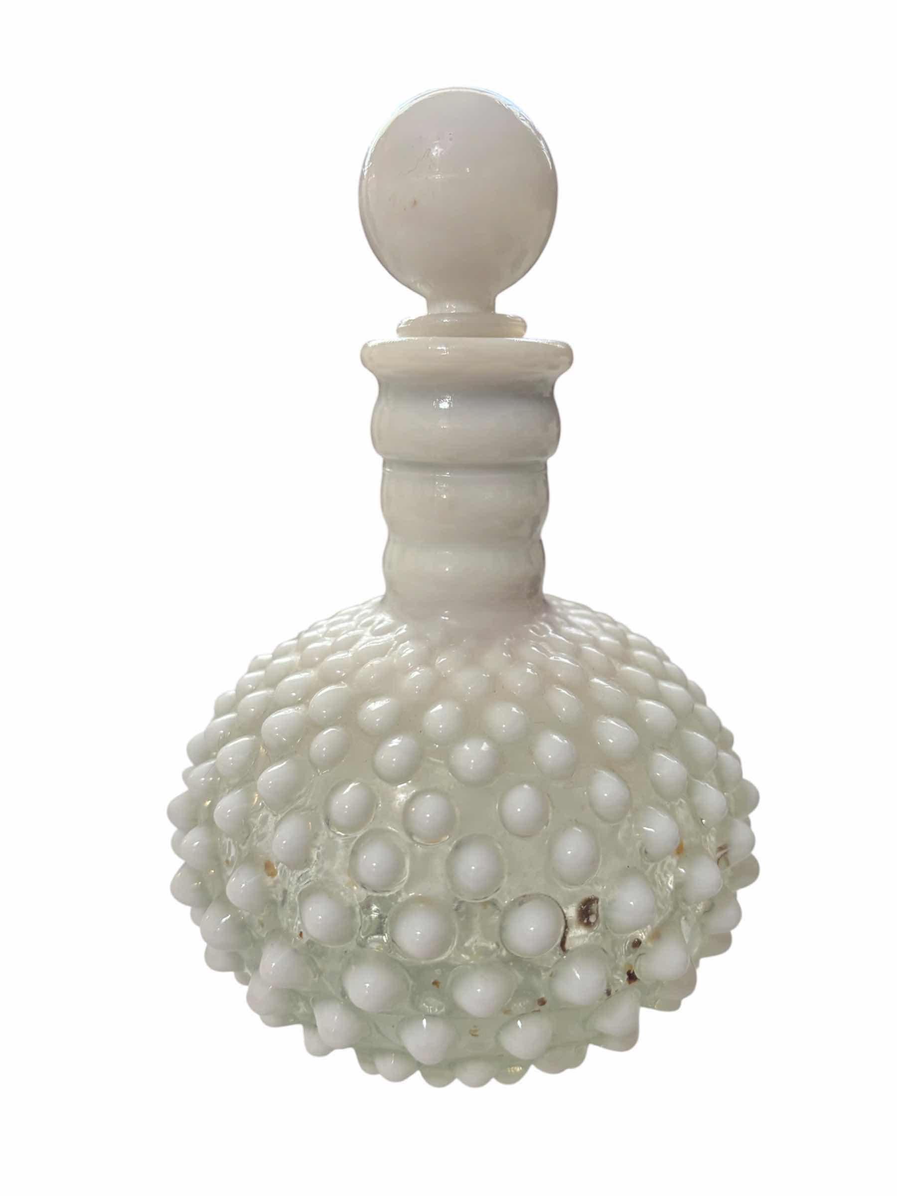 Photo 1 of VINTAGE WHITE OPALESCENT MILK GLASS HOBNAIL BUD VASES (2) & PERFUME BOTTLE $60