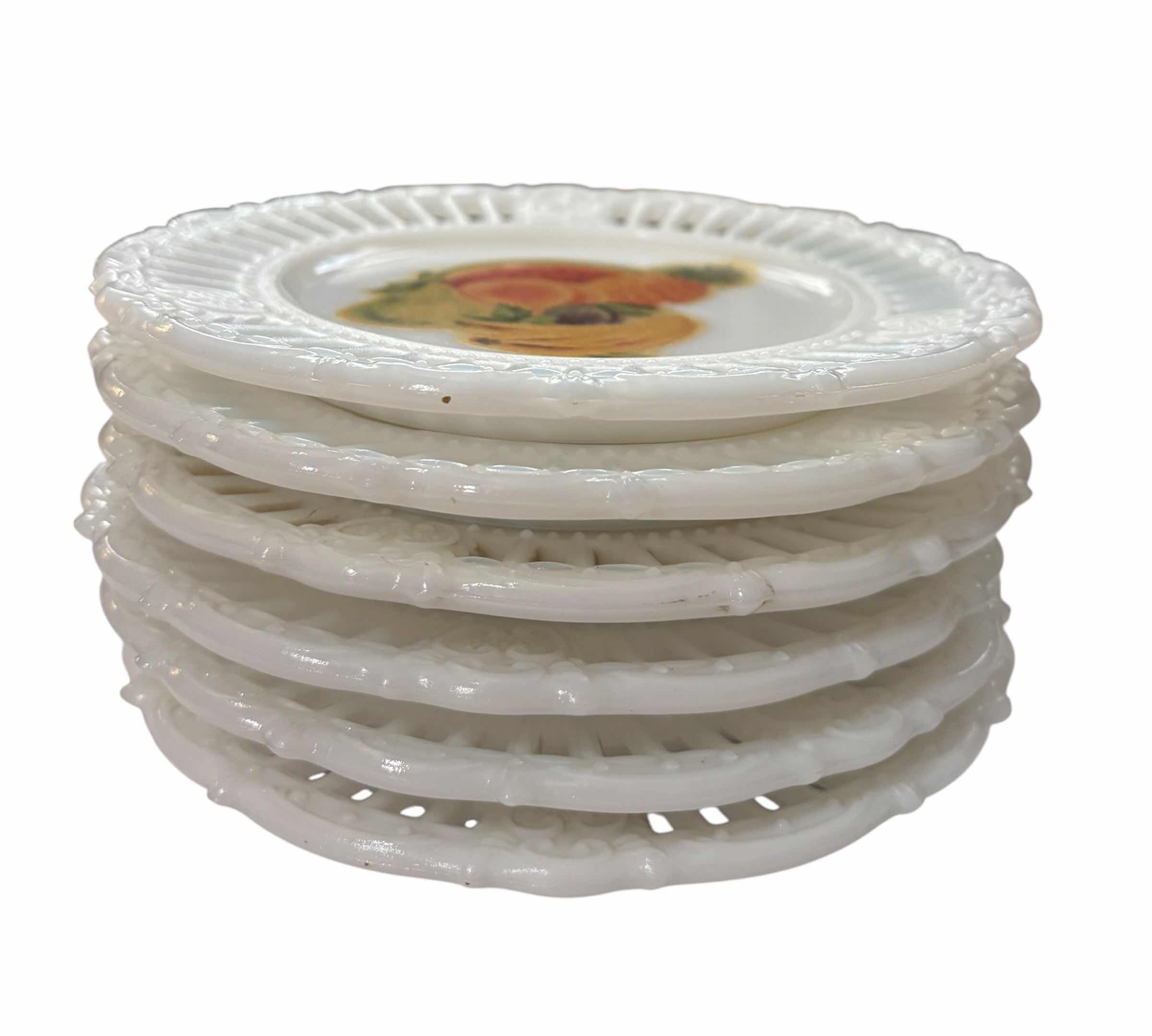 Photo 1 of VINTAGE RETICULATED MILK GLASS DESSERT PLATES (6) D7” $150