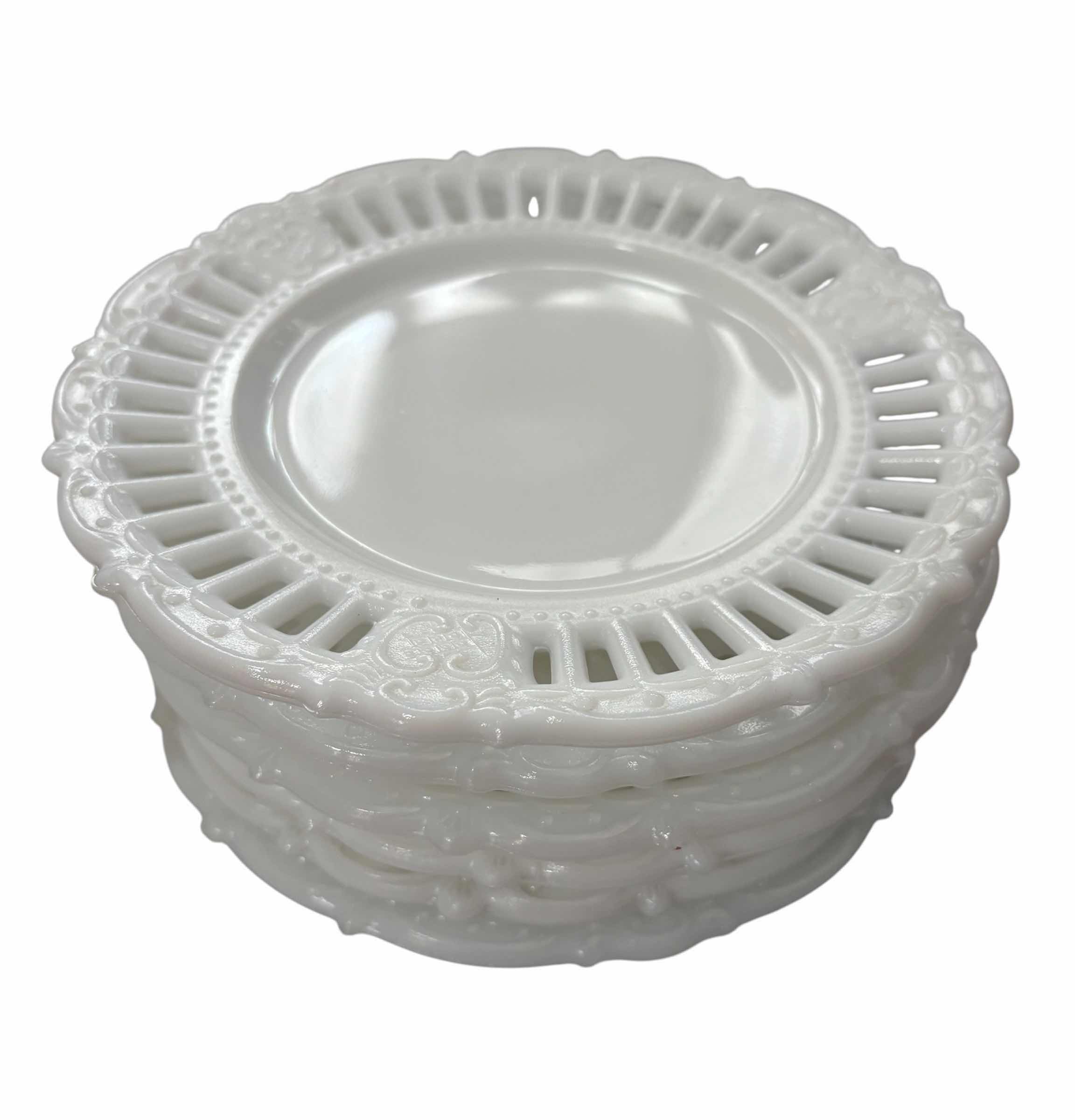 Photo 1 of KEMPLE MILK GLASS PLATES (6) D7” & CREAMER & CUP
