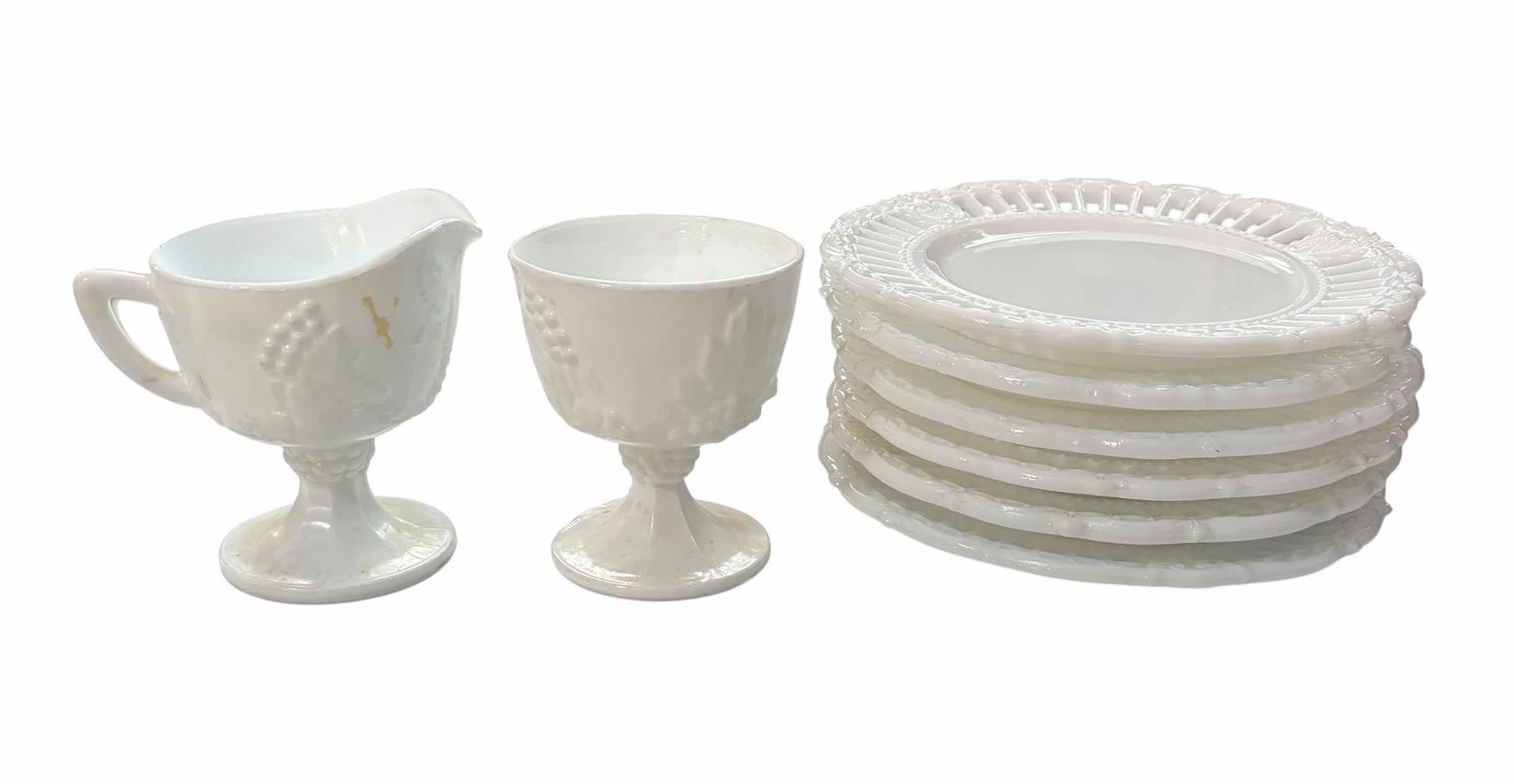Photo 1 of KEMPLE MILK GLASS PLATES (6) D7” & CREAMER & CUP