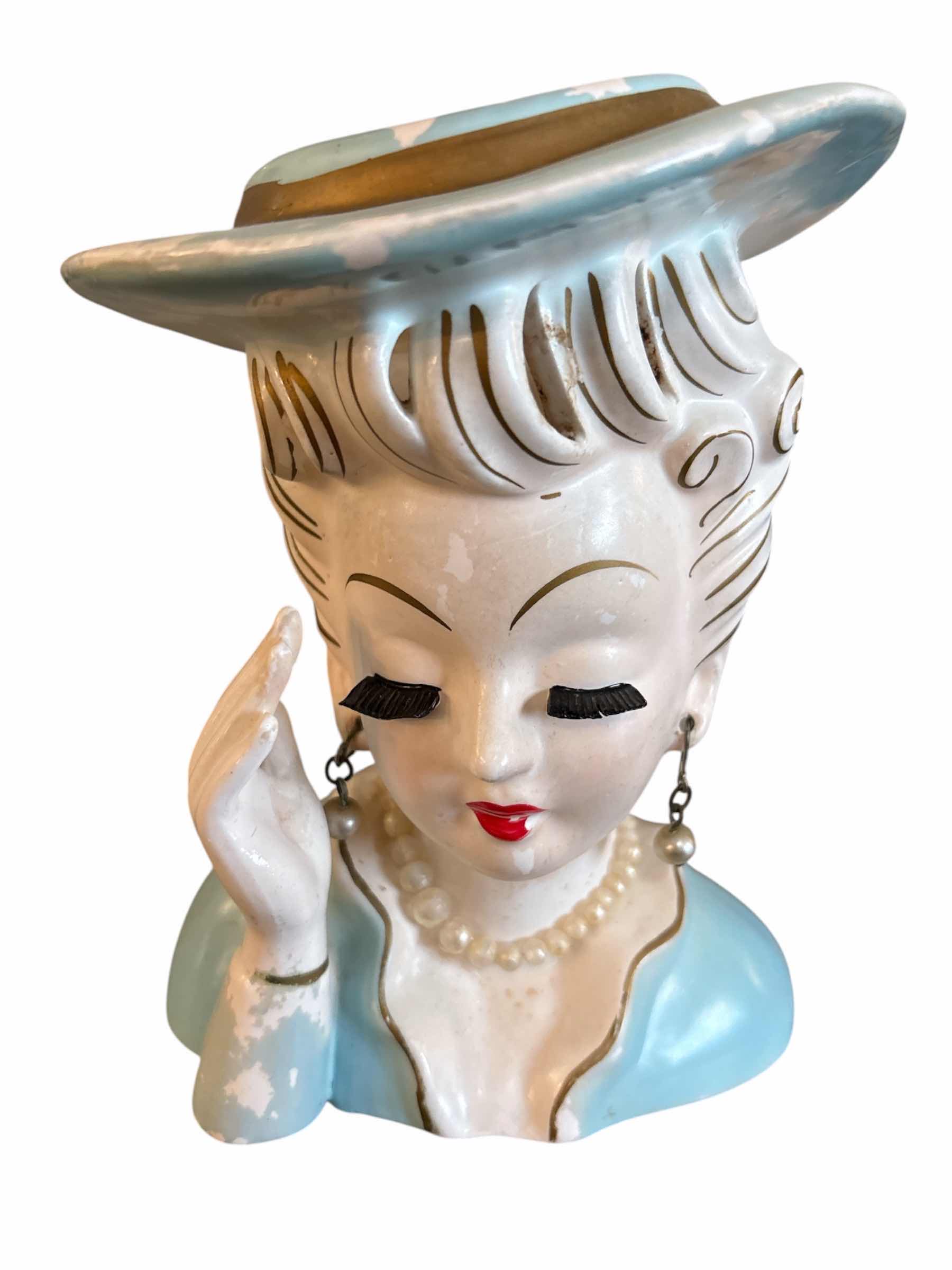 View 1 of VINTAGE NAPCO RARE LADY HEAD VASE BABY BLUE HAT W GOLD ACCENT H5.75”