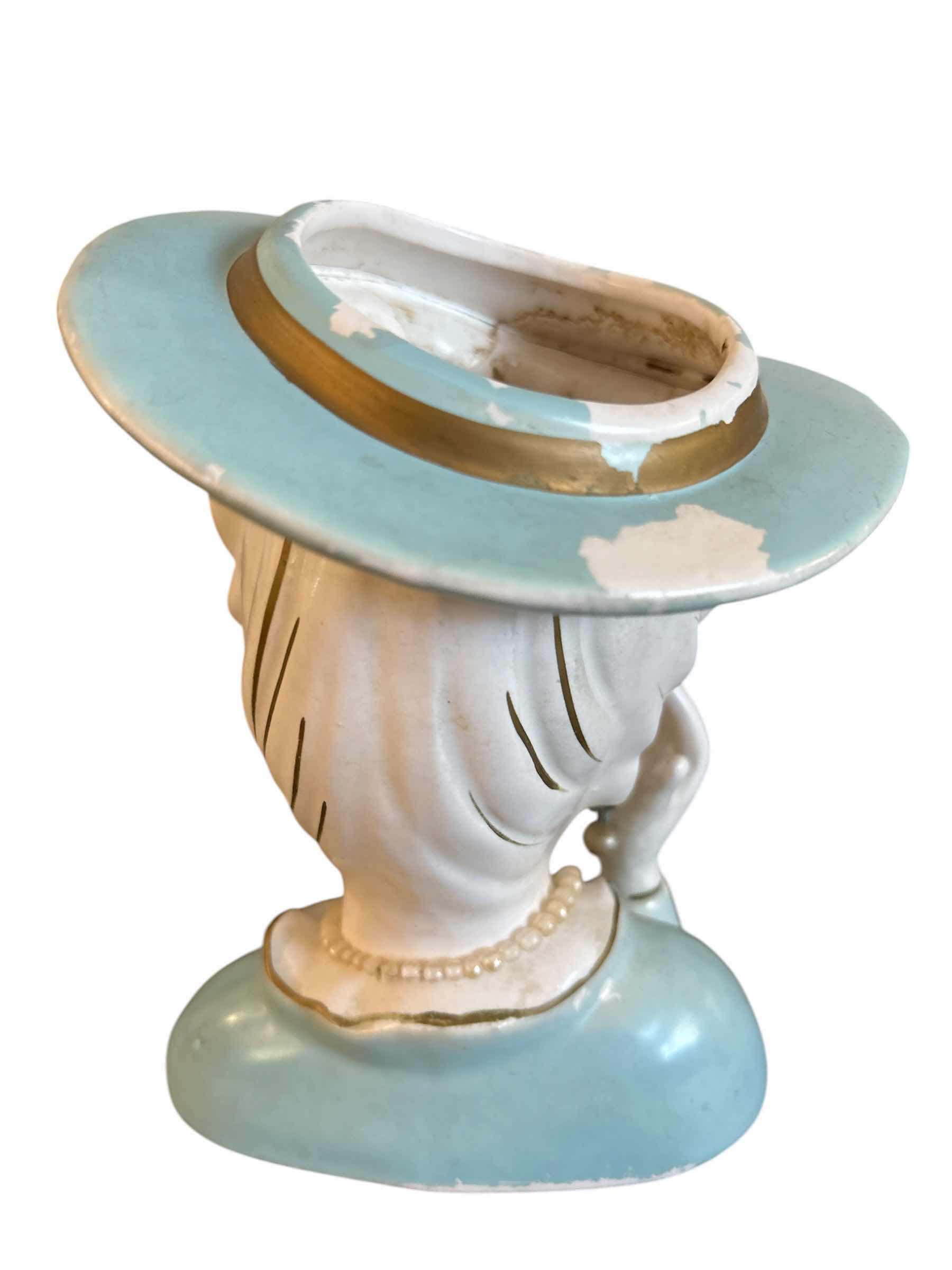 View 2 of VINTAGE NAPCO RARE LADY HEAD VASE BABY BLUE HAT W GOLD ACCENT H5.75”
