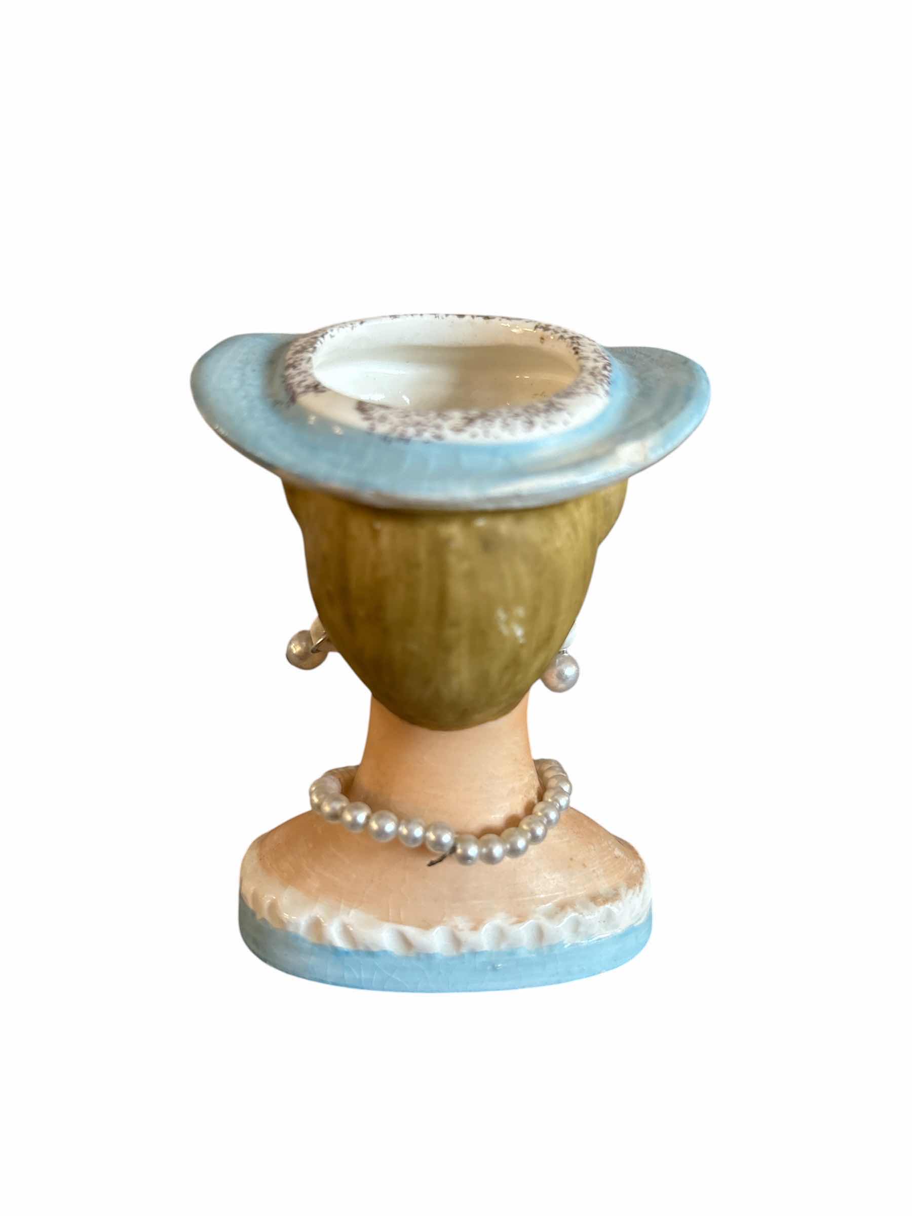 Photo 1 of VINTAGE BLUE RIMMED HAT LADY HEAD VASE H3”