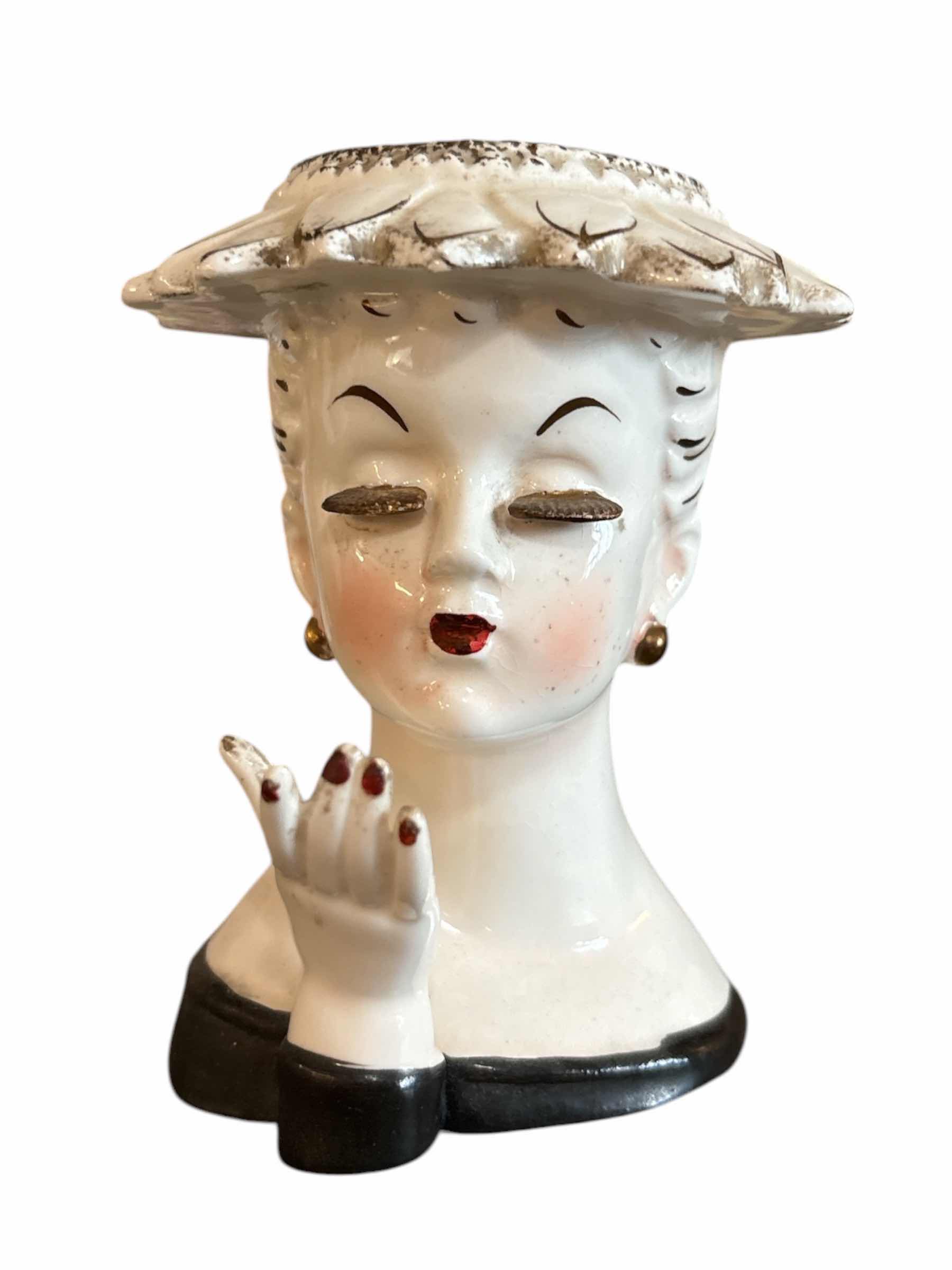 Photo 1 of I.W. RICE LADY HEAD VASE W GOLD EYELASHES & HAT H3.5”
