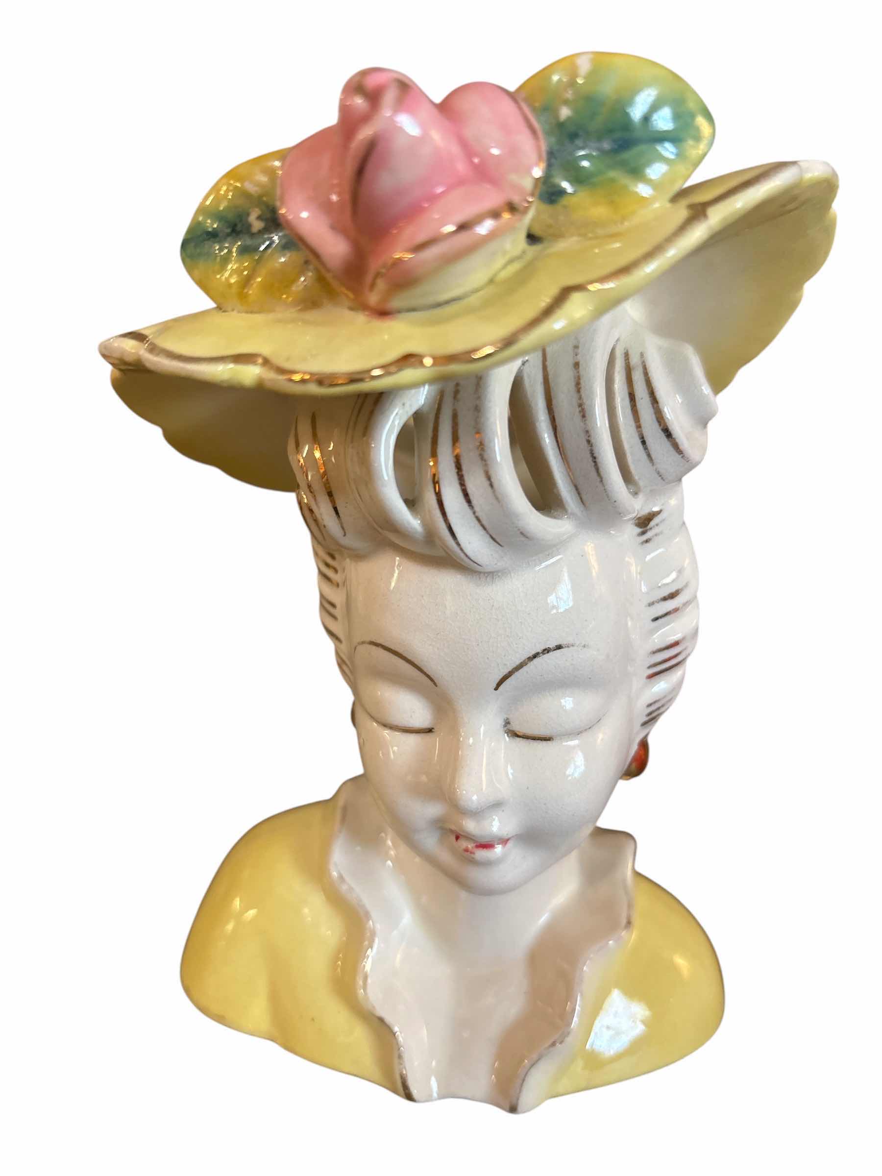 Photo 1 of VINTAGE LEFTON SCARLETT LADY HEAD VASE YELLOW W ROSE H6.5”