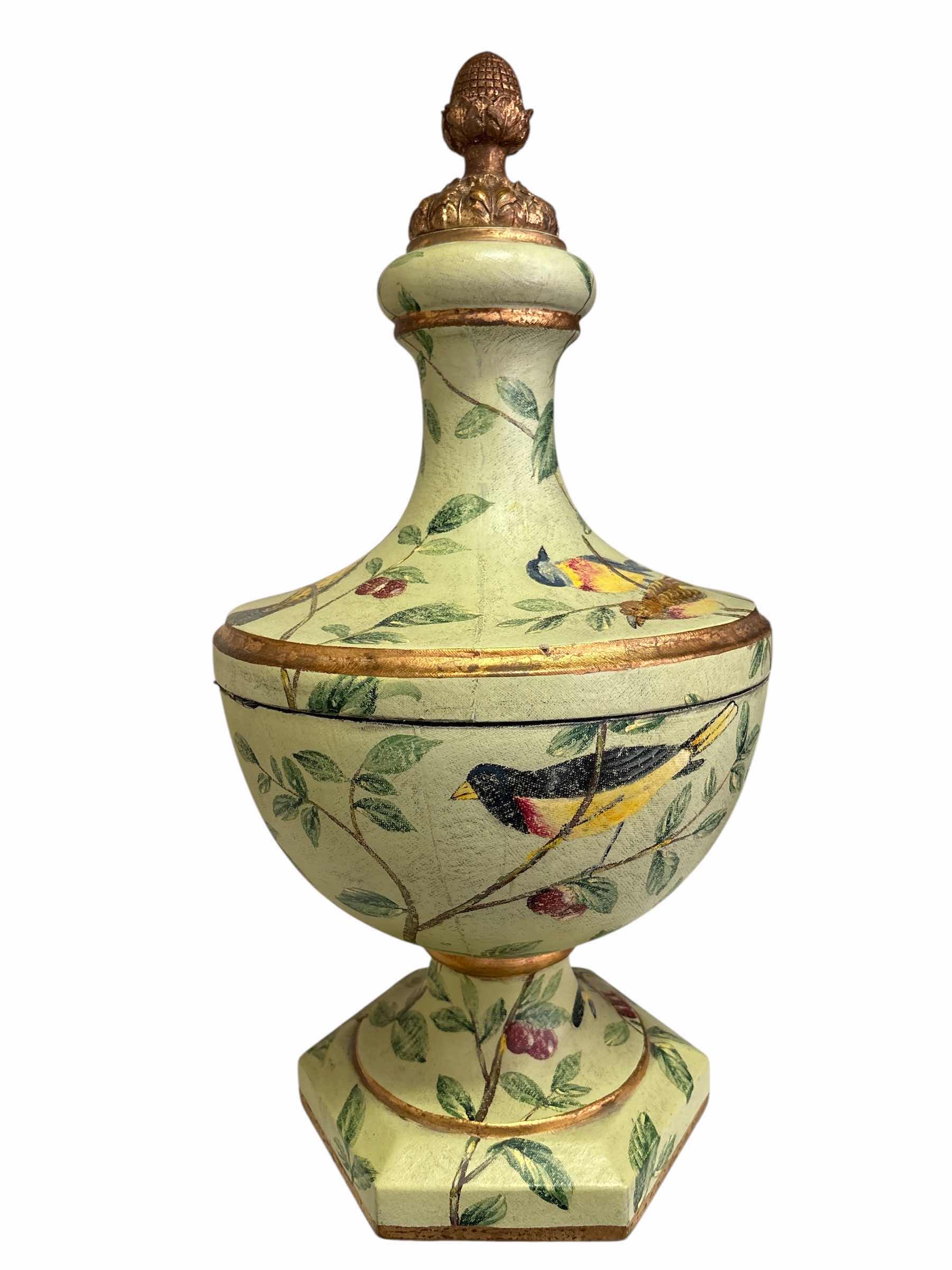 View 1 of ORIOLE BIRD & FLORAL HINGED TEMPLE JAR H20”