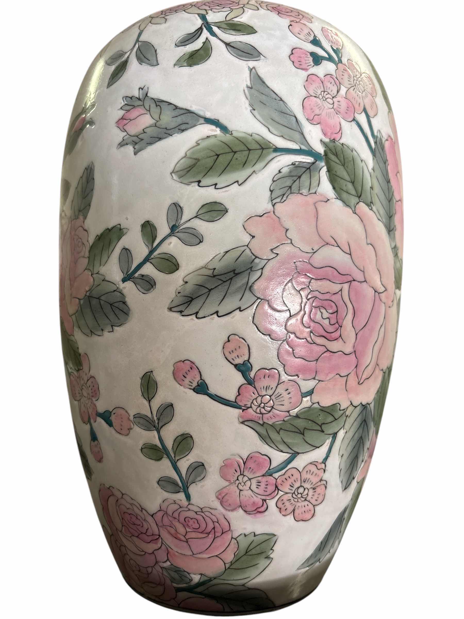 Photo 1 of VINTAGE FAMILLE ROSE PORCELAIN HAND-PAINTED VASE W PINK FLORAL DESIGN H11”